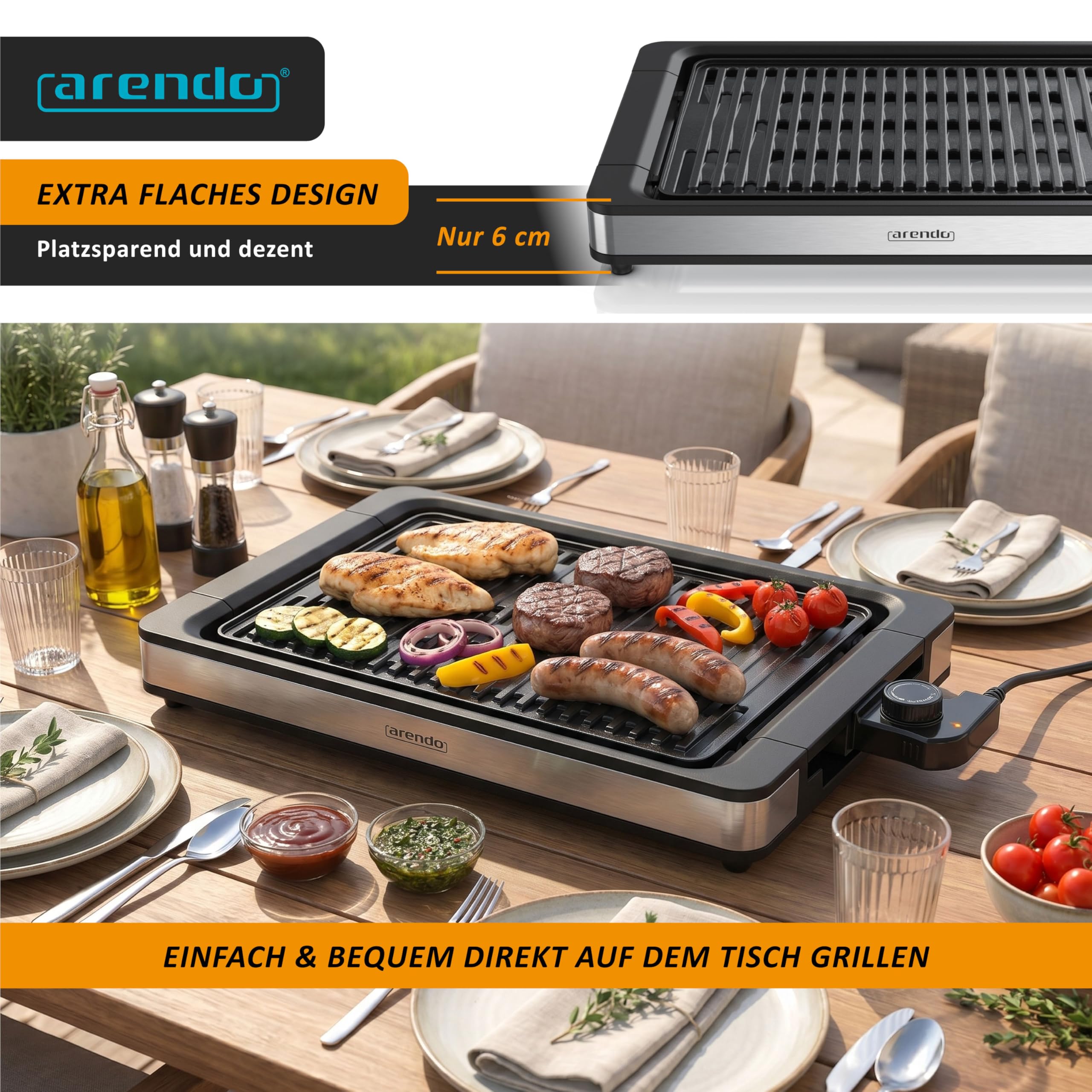 Arendo - Tischgrill Elektrogrill Edelstahl - bis 250 Grad - Steaks, Würstchen, Fisch, Meeresfrüchte, Gemüse, Pilze u.v.m. - für Balkon, Garten, Indoor - starke 1800 Watt - Antihaftbeschichtung