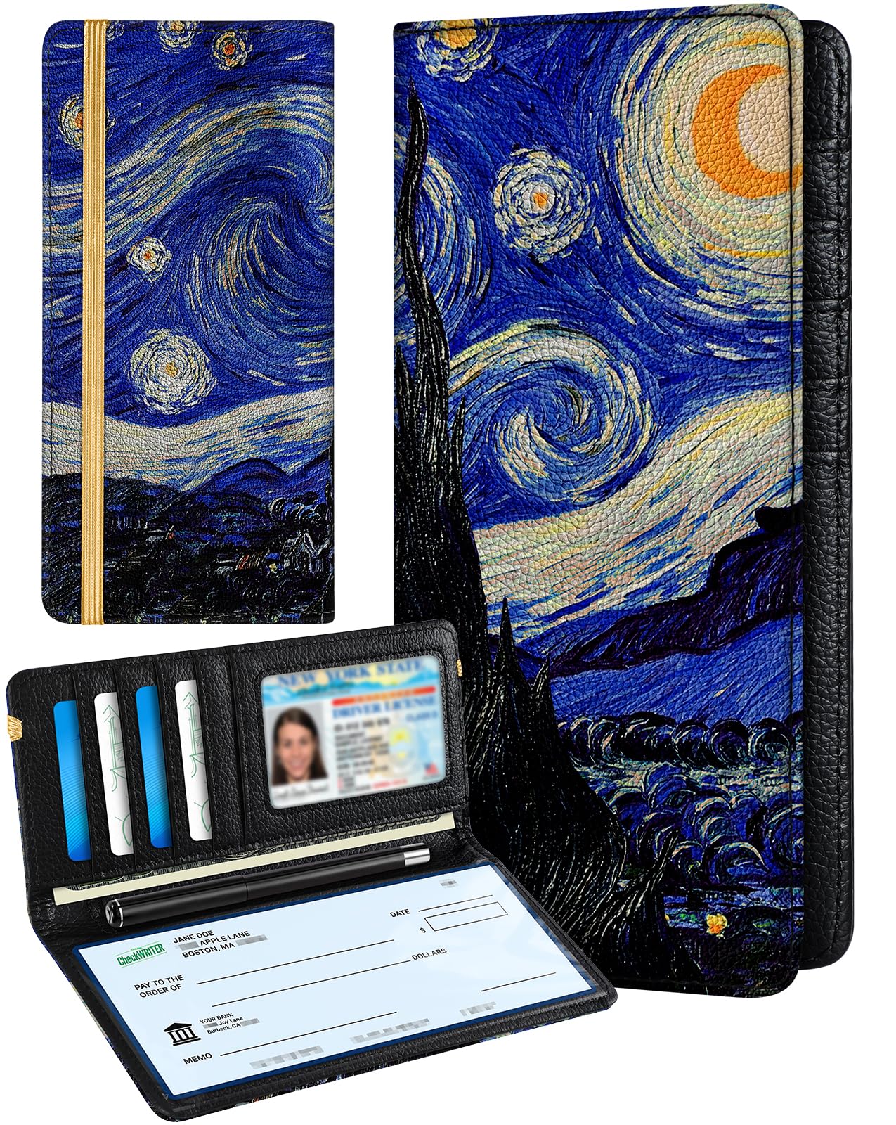 Slohif Checkbook Cover for Personal Duplicate Checks - Leather Check Book Wallet Holder for Women Blue Starry Night Print Top Side Tear