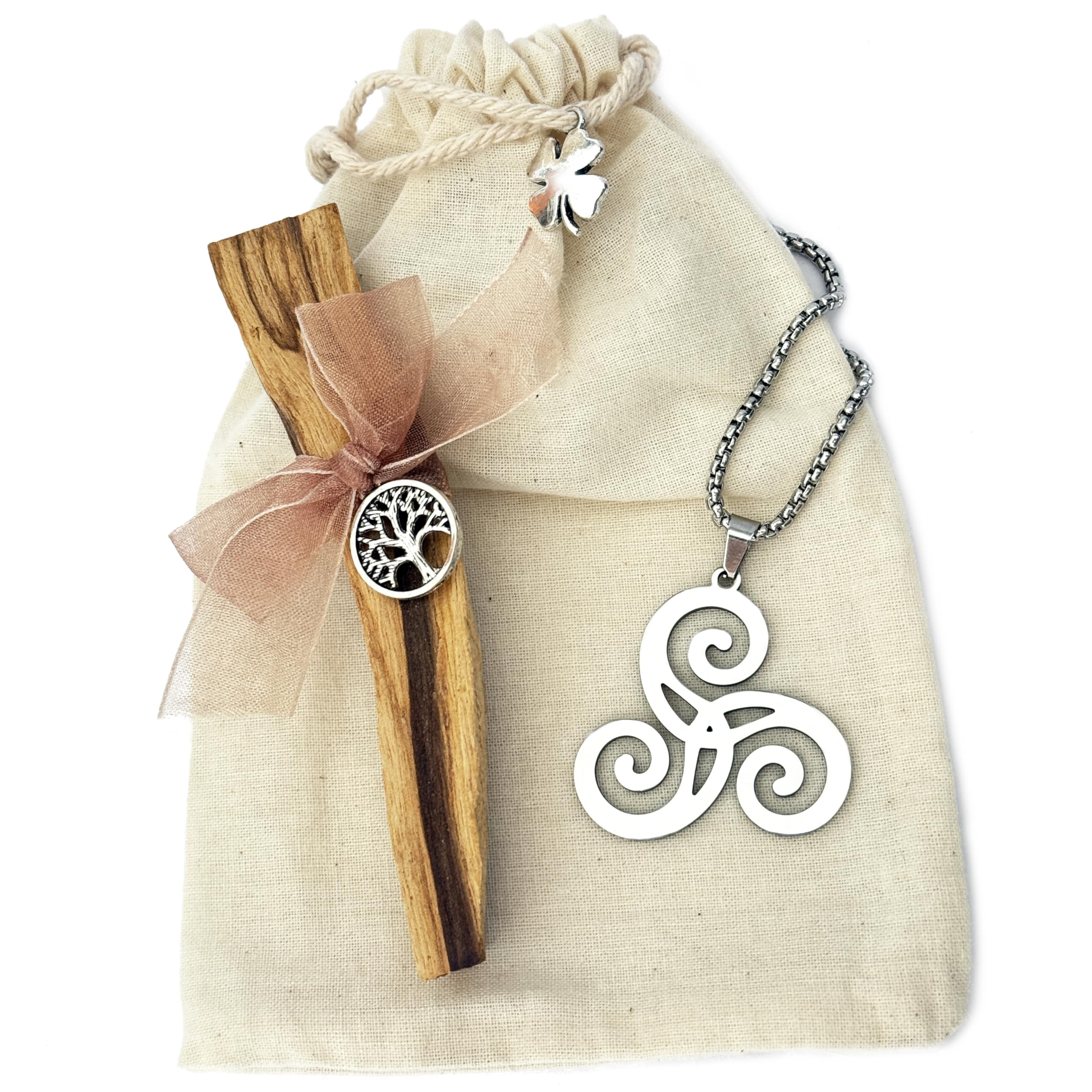 Simboliks Colgante Triskel Celta de Acero Inoxidable y Palo Santo – Amuleto de Protección Druida – Collar Vikingo de la Trinidad – Trisquel y Triqueta – Joyería Celta – Regalo Hombre – Pulsera Extra