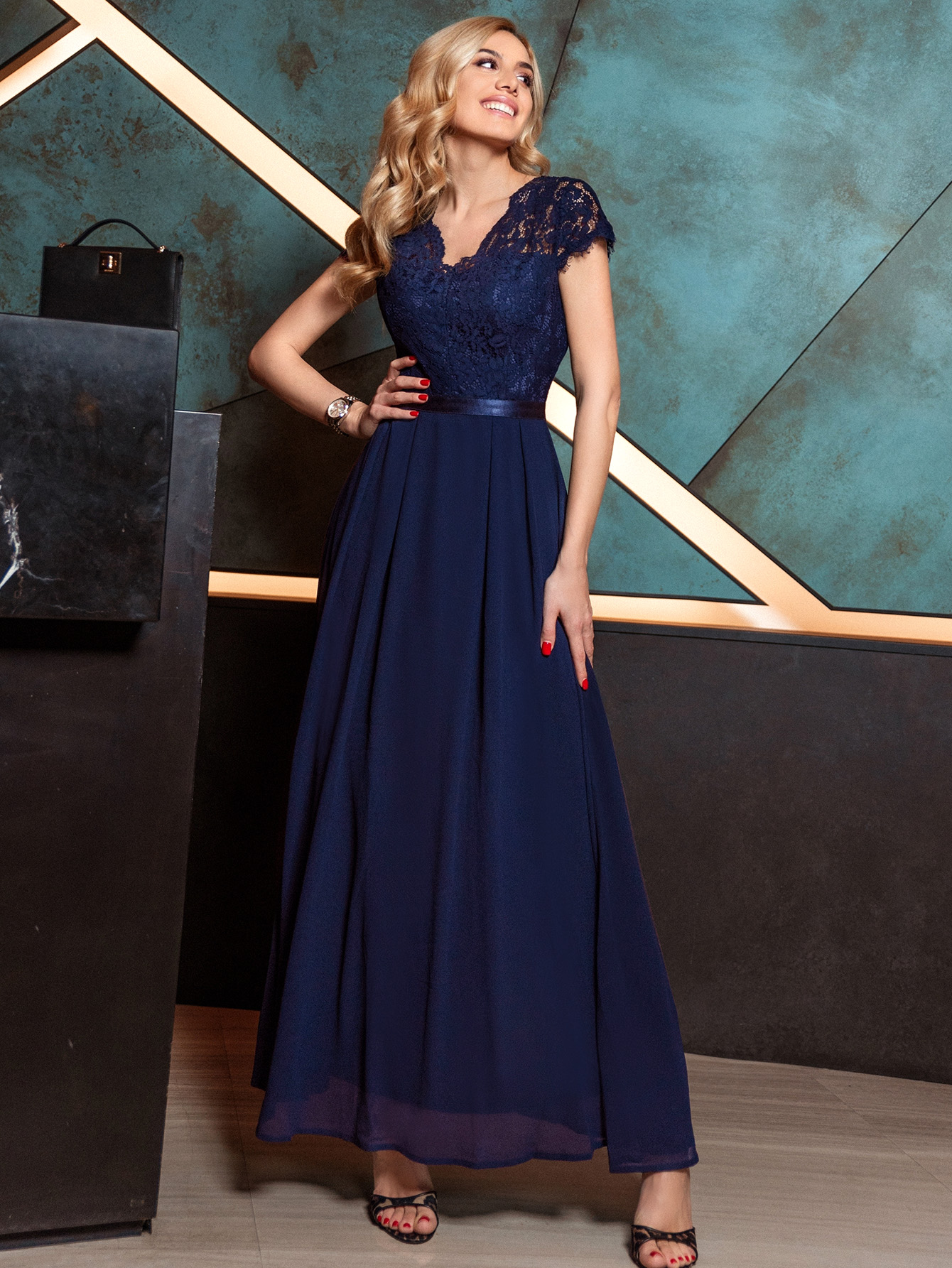 bridesmaid navy bardot lace insert fishtail maxi dress Navy Lace Maxi Dress with Pleated Skirt