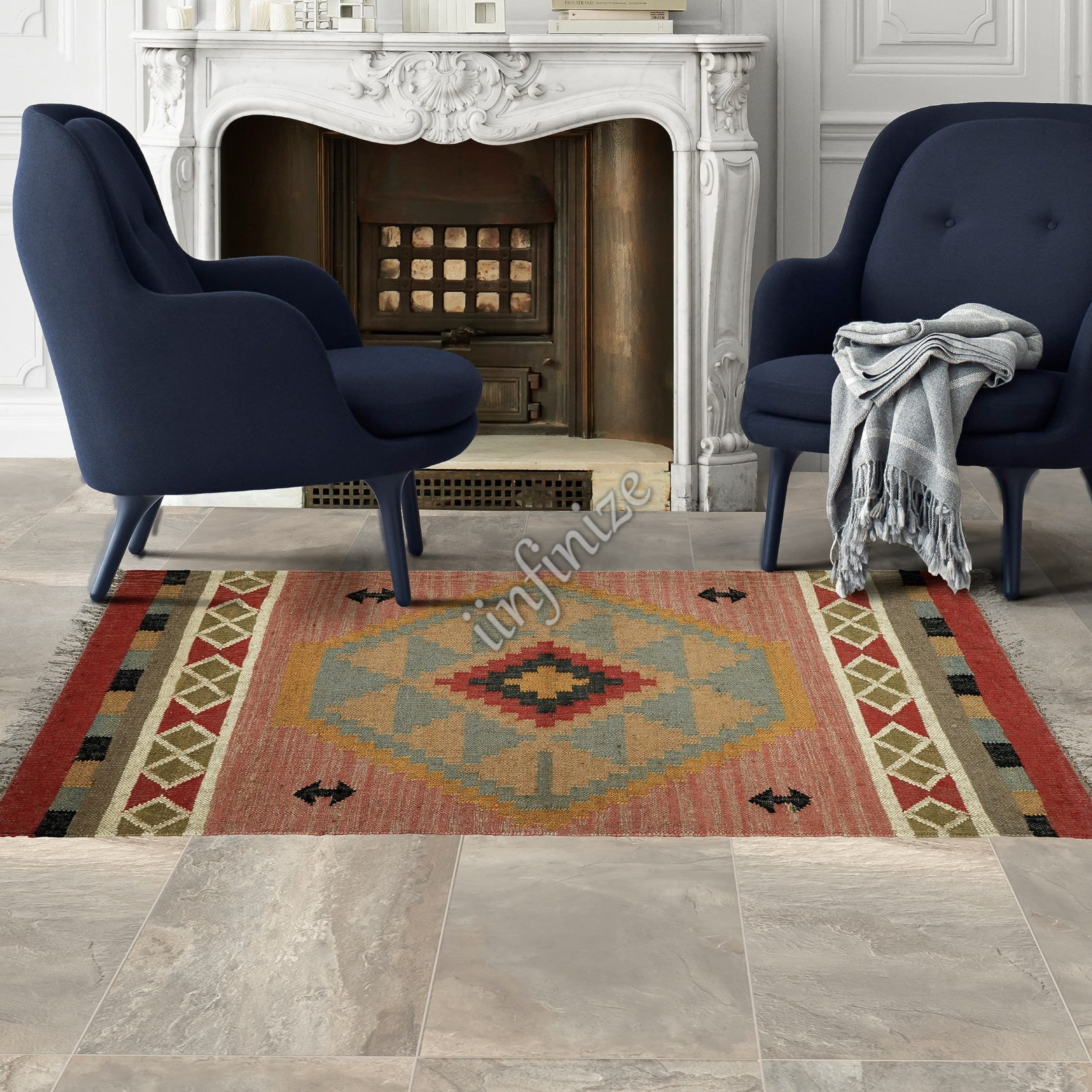 Kelim Tapis de couloir traditionnel rectangulaire tissé à la main réversible en laine et jute pour salon 91 x 152 cm