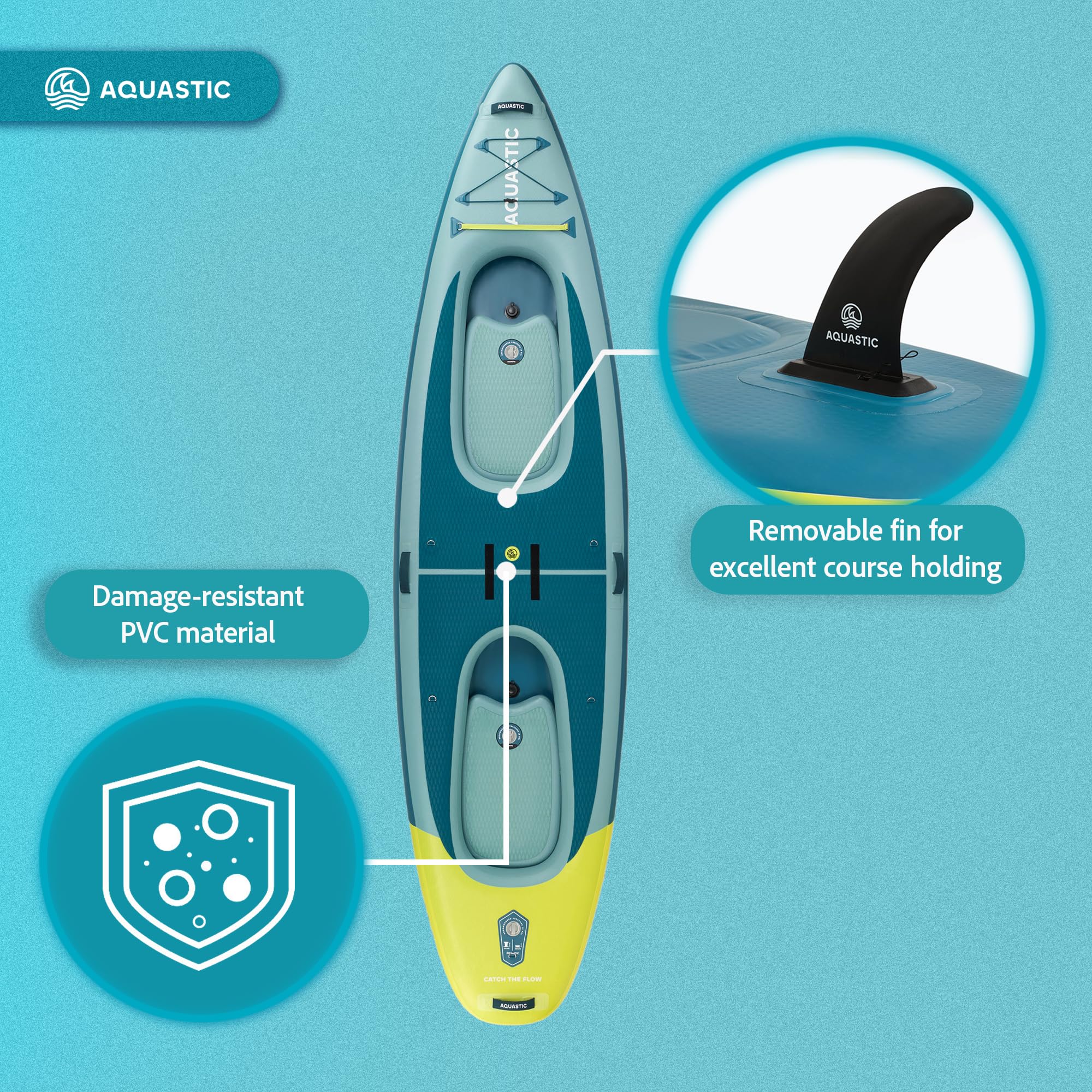 AQUASTIC Raglan 13'2" SUP Kajak Hybrid Board – 620L, 2 Paddelpositionen, Sitz montierbar, Drop Stitch Lite, 98cm breit, 2 Finnen, Eva Deck, Komplettset mit Paddel, Pumpe & Rucksack