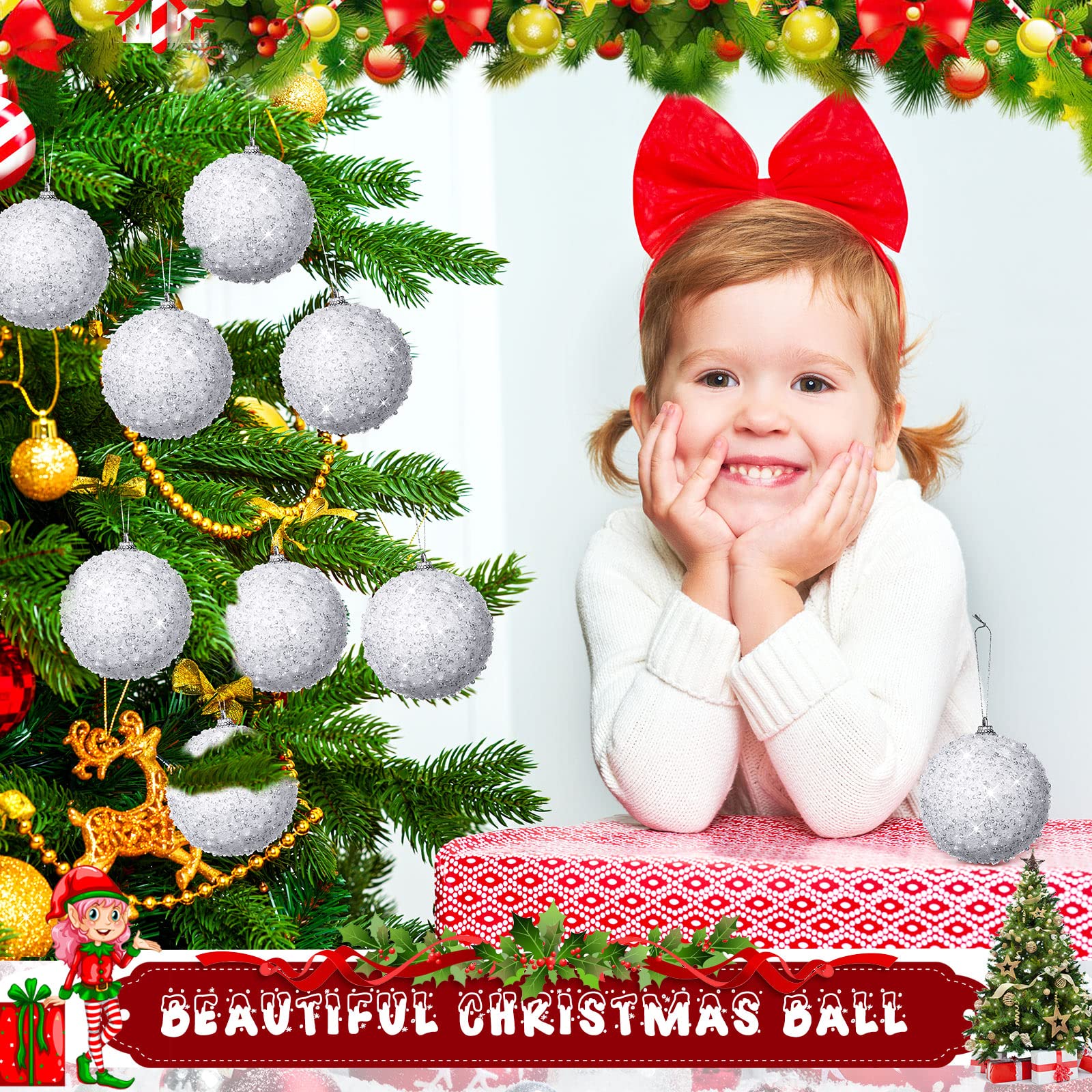 BBTO Lot de 8 boules de Noël blanches à paillettes à suspendre pour sapin de Noël, mariage, fête, décoration d'intérieur de 10,2 cm