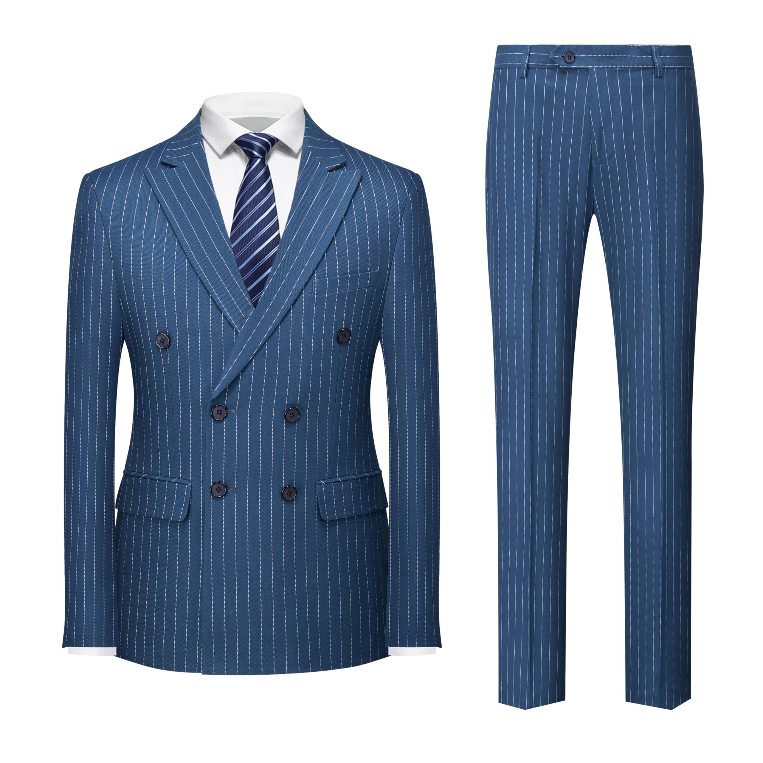 MOGU Mens Double Breasted Pinstripe Suit 2 Piece Slim Fit Tuxedo Formal Jacket and Pants for Business Wedding Prom