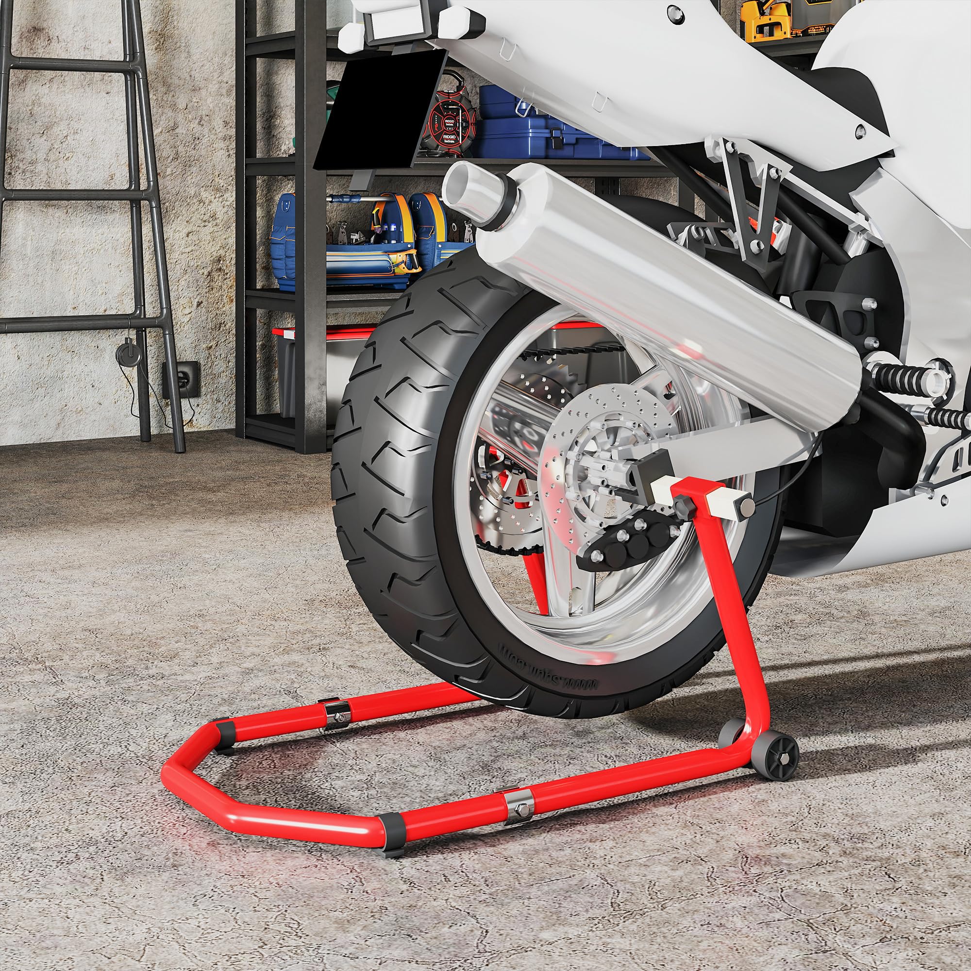 HOMCOM Caballete Moto Elevador Universal Carga 390 kg Soporte Rueda Delantera y Trasera Motocicleta Convertible con Adaptadores de Horquillas en U y L Ajustables y Ruedas para Reparación Mantenimiento
