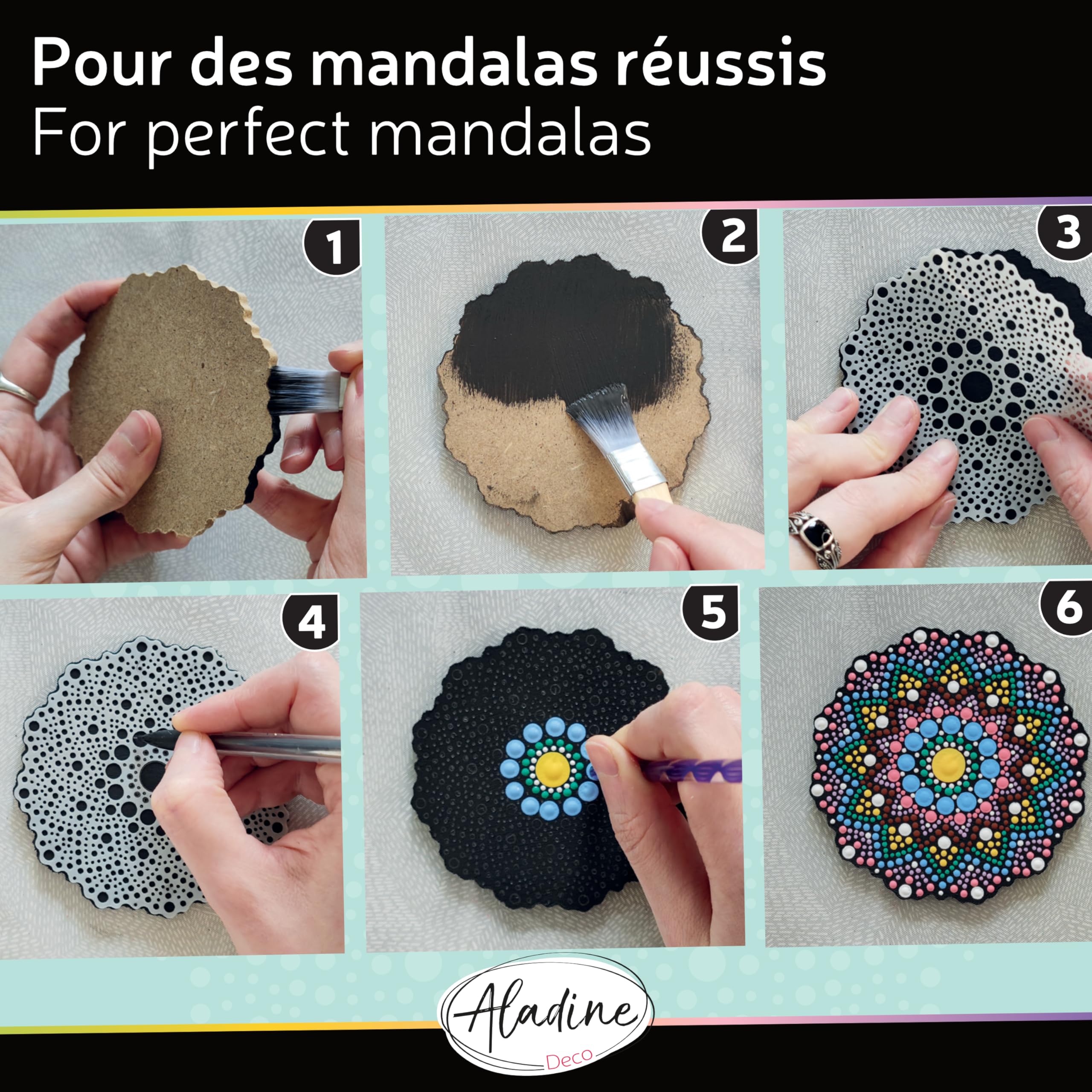 Aladine - Kit Mandala in Dot Painting - Cofanetto 4 stencil Mandala & Strumenti Dot Painting - 85496