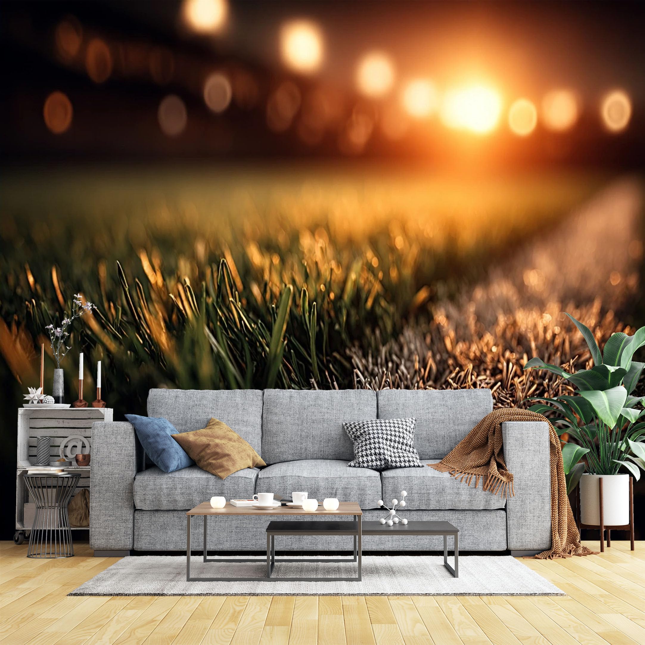 Custom Size Wall Murals Sports Field Grass at Sunset Wall Murals Stadium Scenery Wallpaper, HD Self-Adhesive Removable Wallpaper for Office