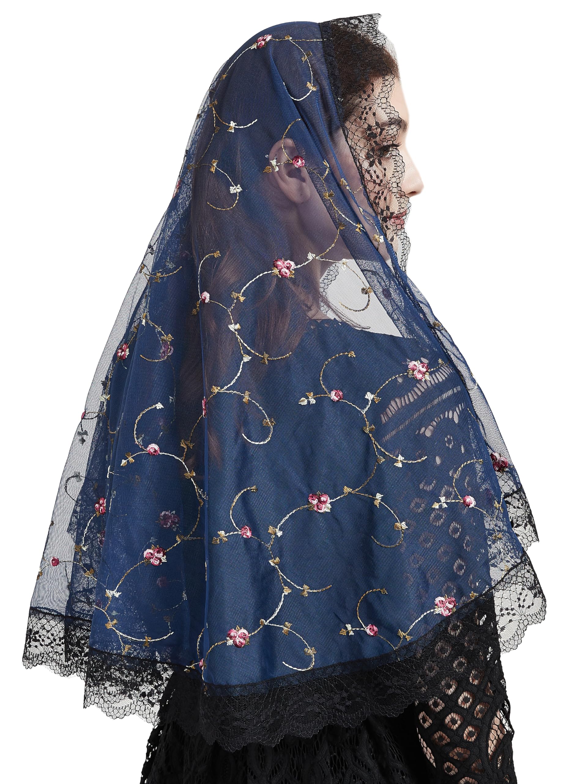 FANFAN Navy Blue Mantilla Chapel Veil - Lace Rose Flower Catholic Shawl Wrap Latin Mass Church Head Covering Wedding Baptism First Communion Y018 (