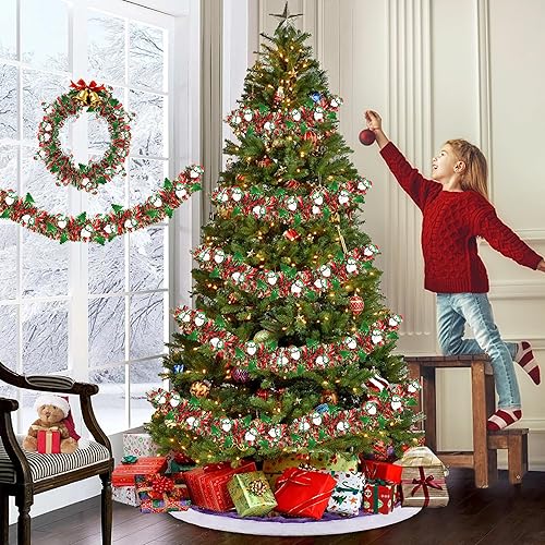 Miniatura 5 de Guirnalda de oropel de Navidad roja y verde de 50 pies con árbol de muñeco de nieve, guirnalda metálica de Navidad para decoración de árbol de