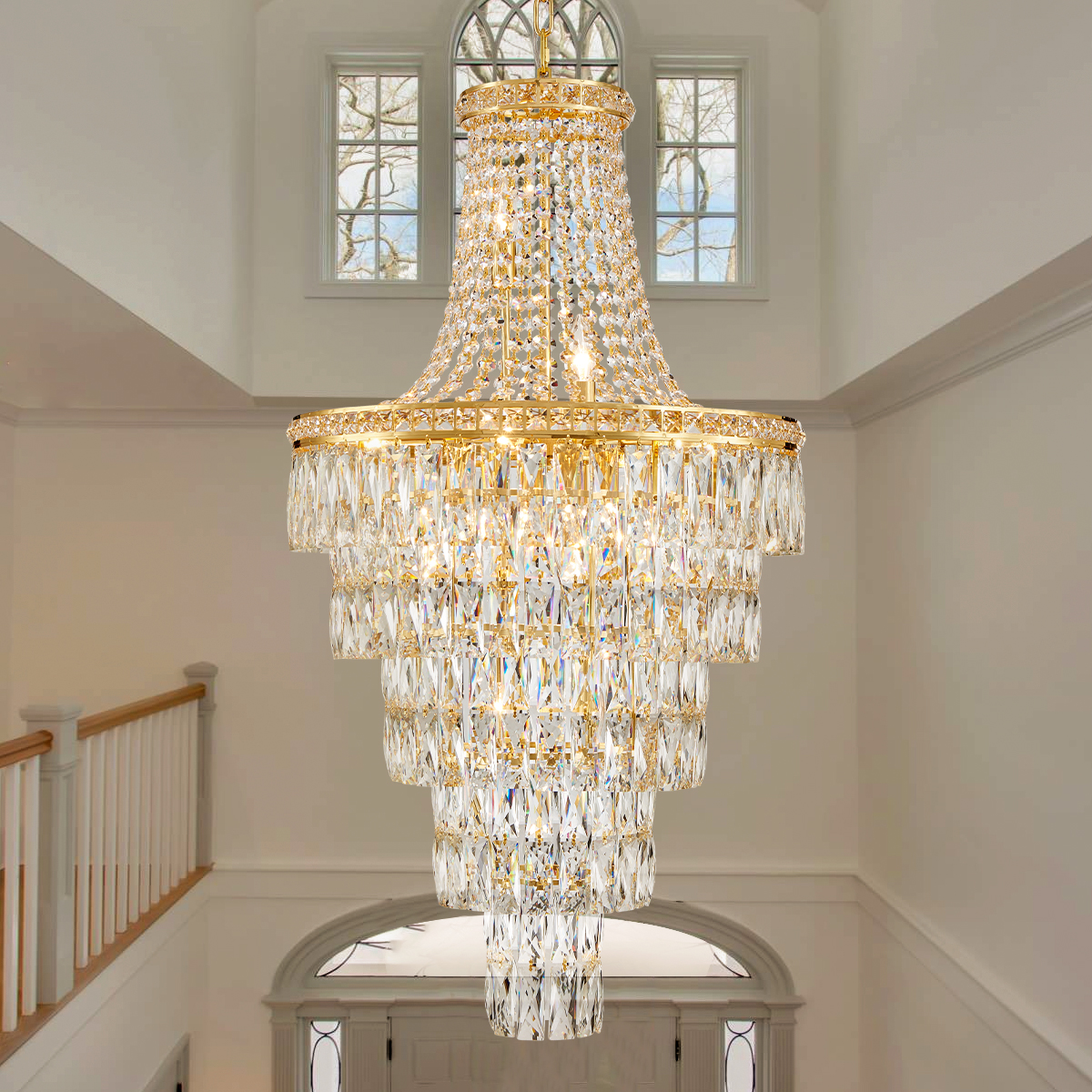 DUNFIZZ High Ceiling Chandelier 13-Light Gold Modern Crystal