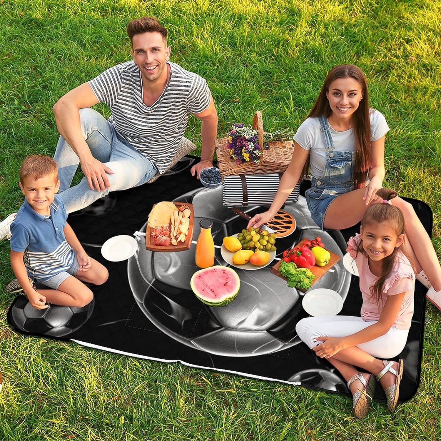 Soccer Black Picnic Blanket 150x100cm, Foldable 2-in-1 Picnic Mat and Tote Bag Portable Waterproof Beach Mat Sandproof Outdoor Blanket for Park, Hiking, Beach, Camping, Travel