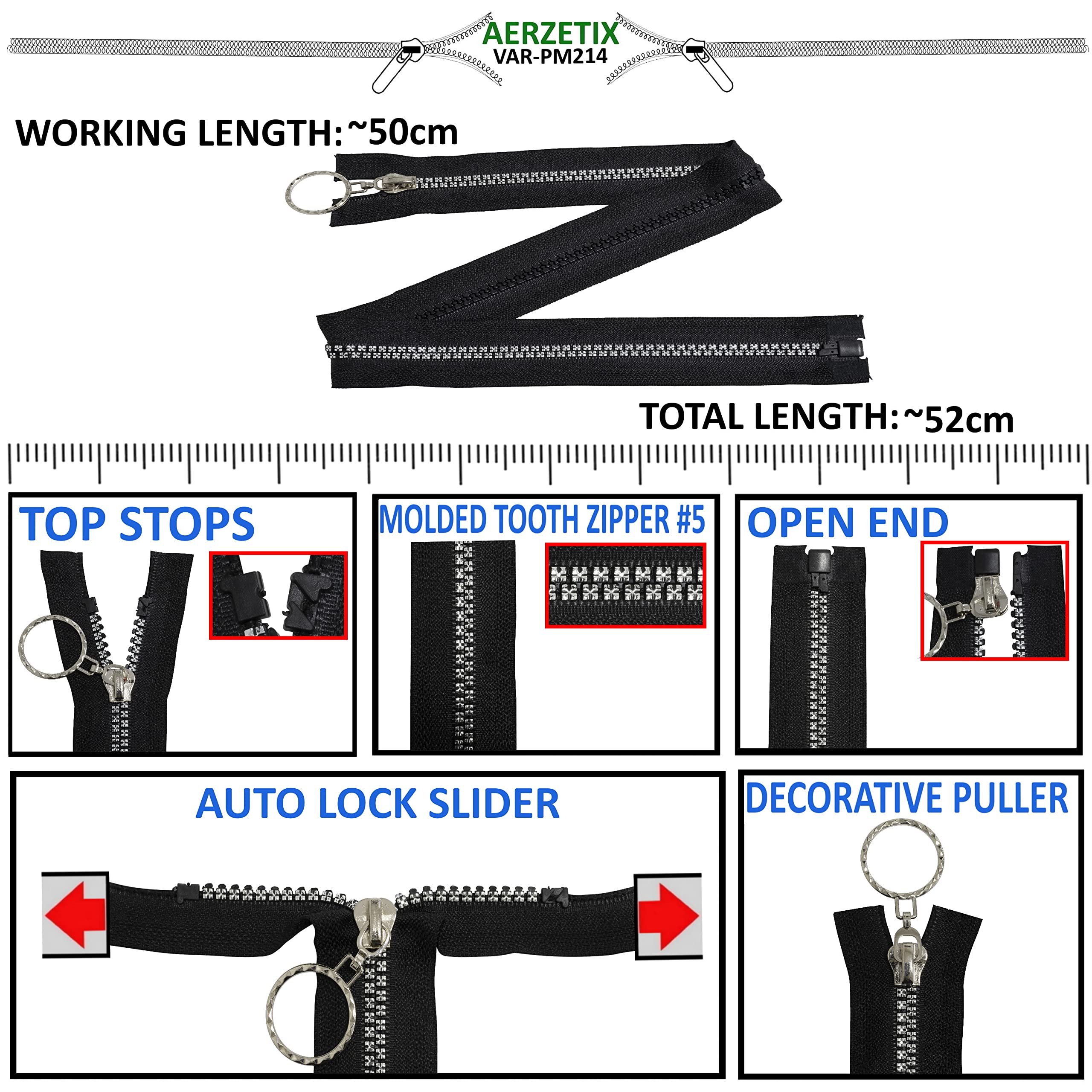 Set 2 Cerniere Lampo N°5 50cm - Separabili, Autobloccanti, Nero/Argento Per Giacca - Foto 3
