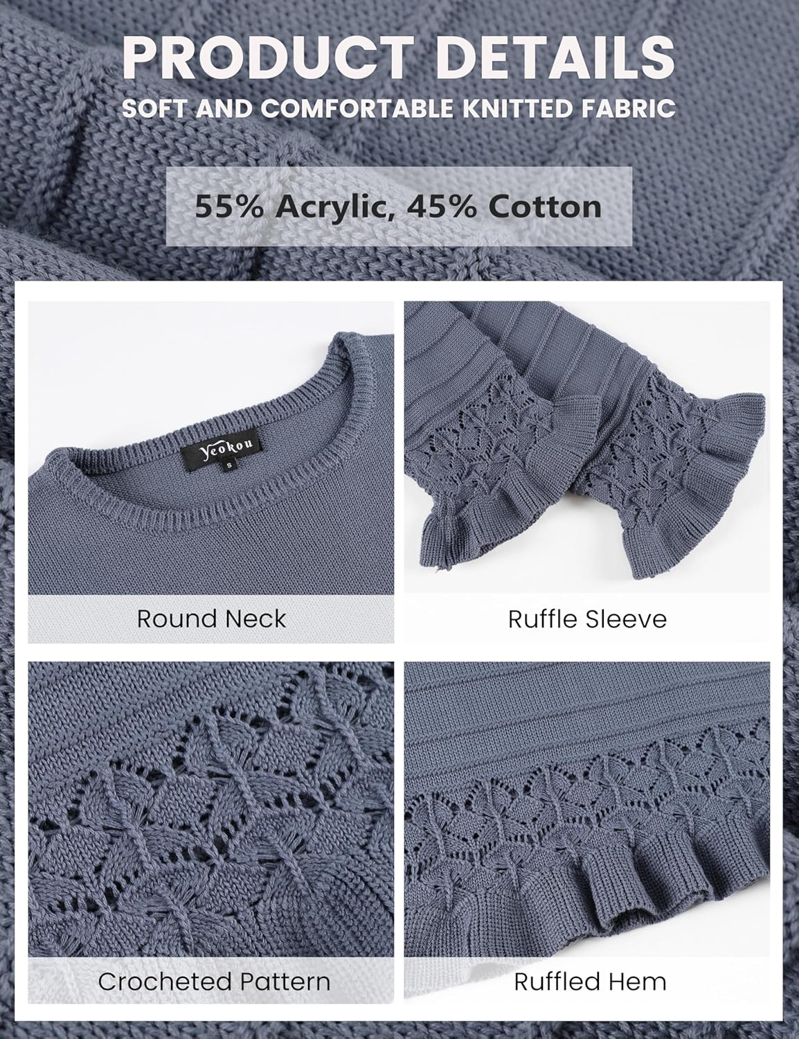 Yeokou Womens Pullover Sweater Round Neck Ruffled Hem Knit Crochet Long Sleeve Winter Spring Casual Top Outfits - Image 5