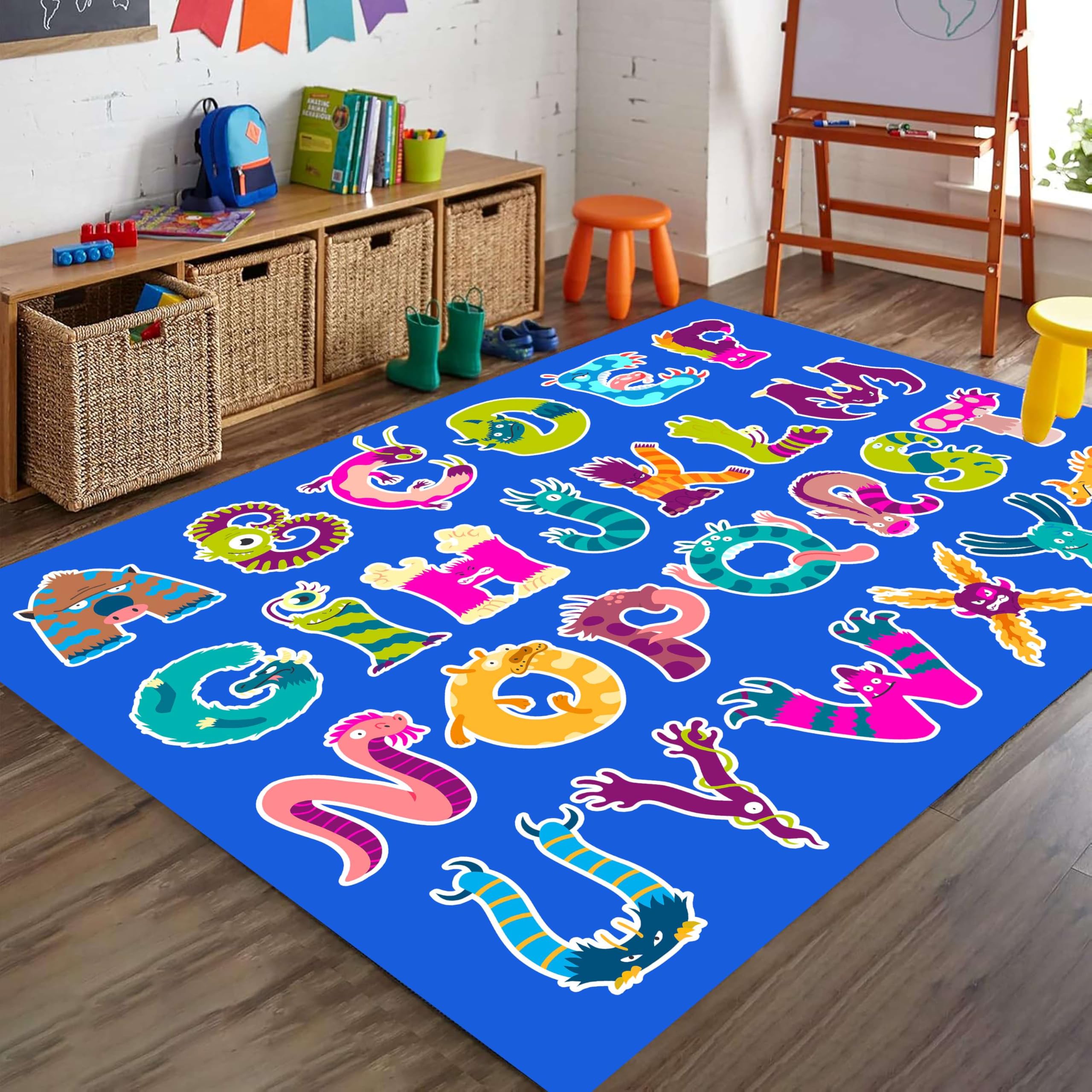 LHOMKCV Alphabet Imagination Kids Play Area Rug, 70x140cm, Abstract ABC Seating Rug for Classroom, Washable Non-fading Blue Carpet Playmats, Non-slip Baby Crawling Carpets for Entrance School Decor