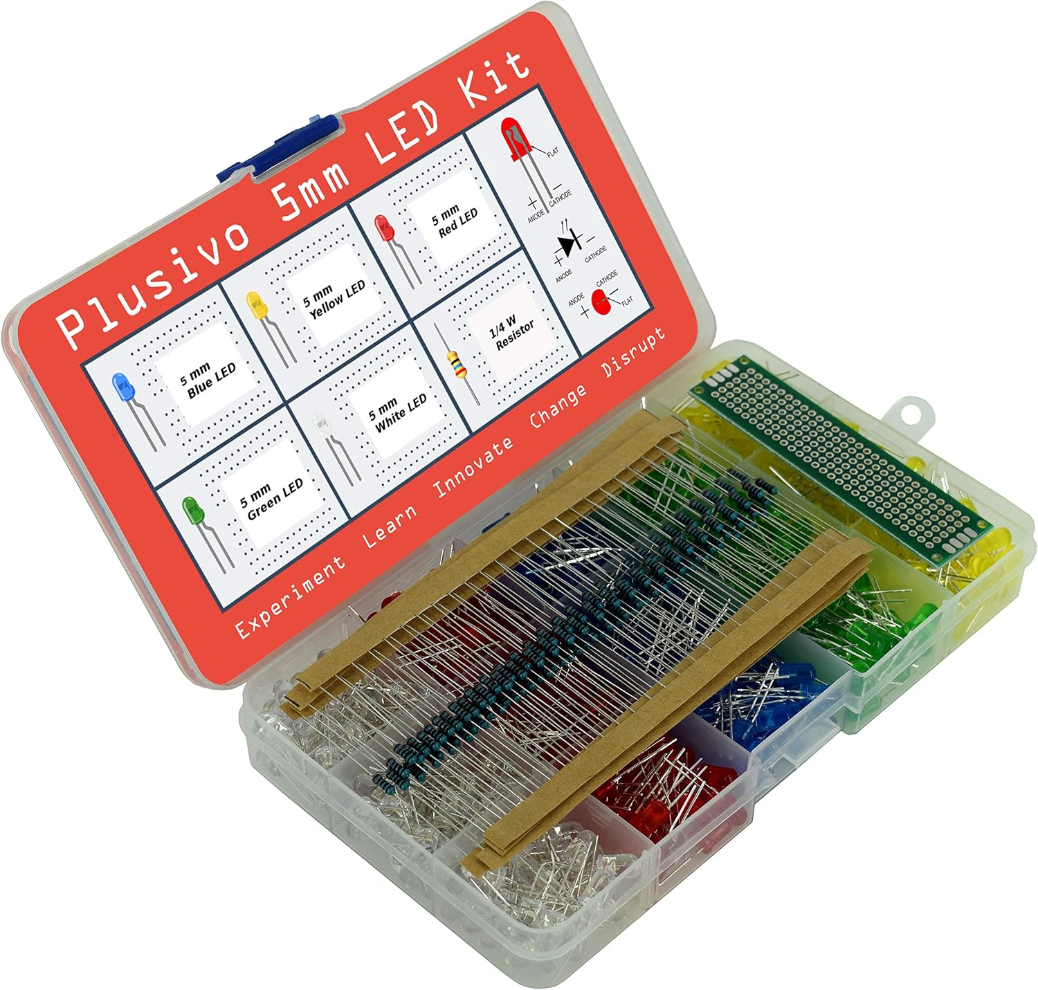 5mm Diffused LED Diode Assortment Kit - Pack of Assorted Color LEDs and Resistors (600 pcs) - Red, Green, Yellow, Blue and White Light Emiting Diode Indicator Lights from Plusivo