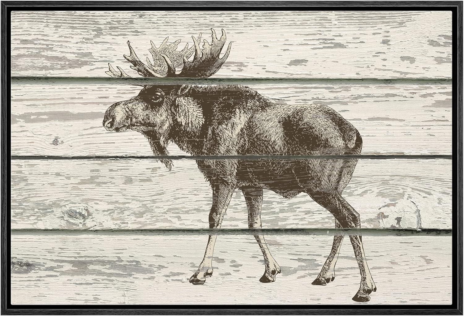 wall26 - Sketched Drawing of a Moose on a Rustic Background - Framed Canvas Art Home Art - 24"x36" Black