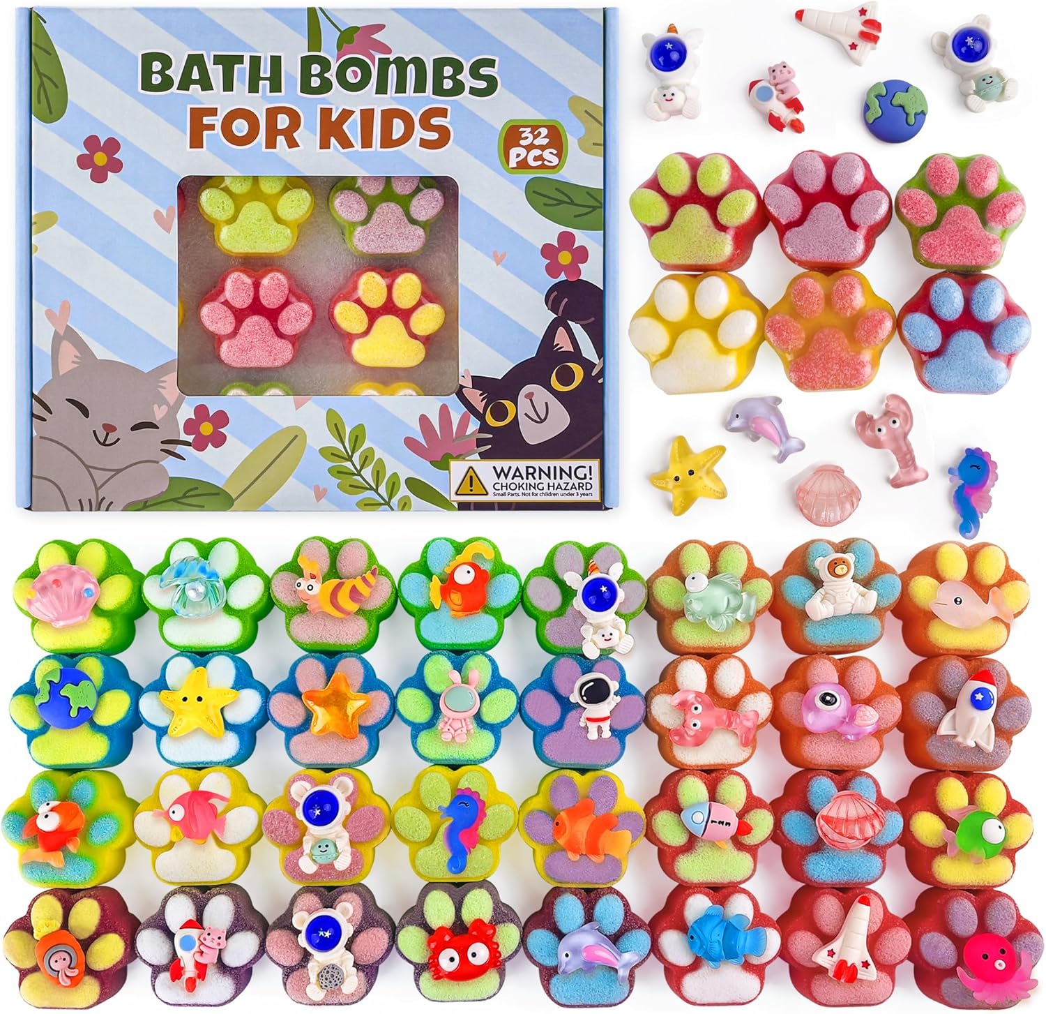 Bath Bombs for Kids with Surprise Inside, 32 Pack Paw Bath