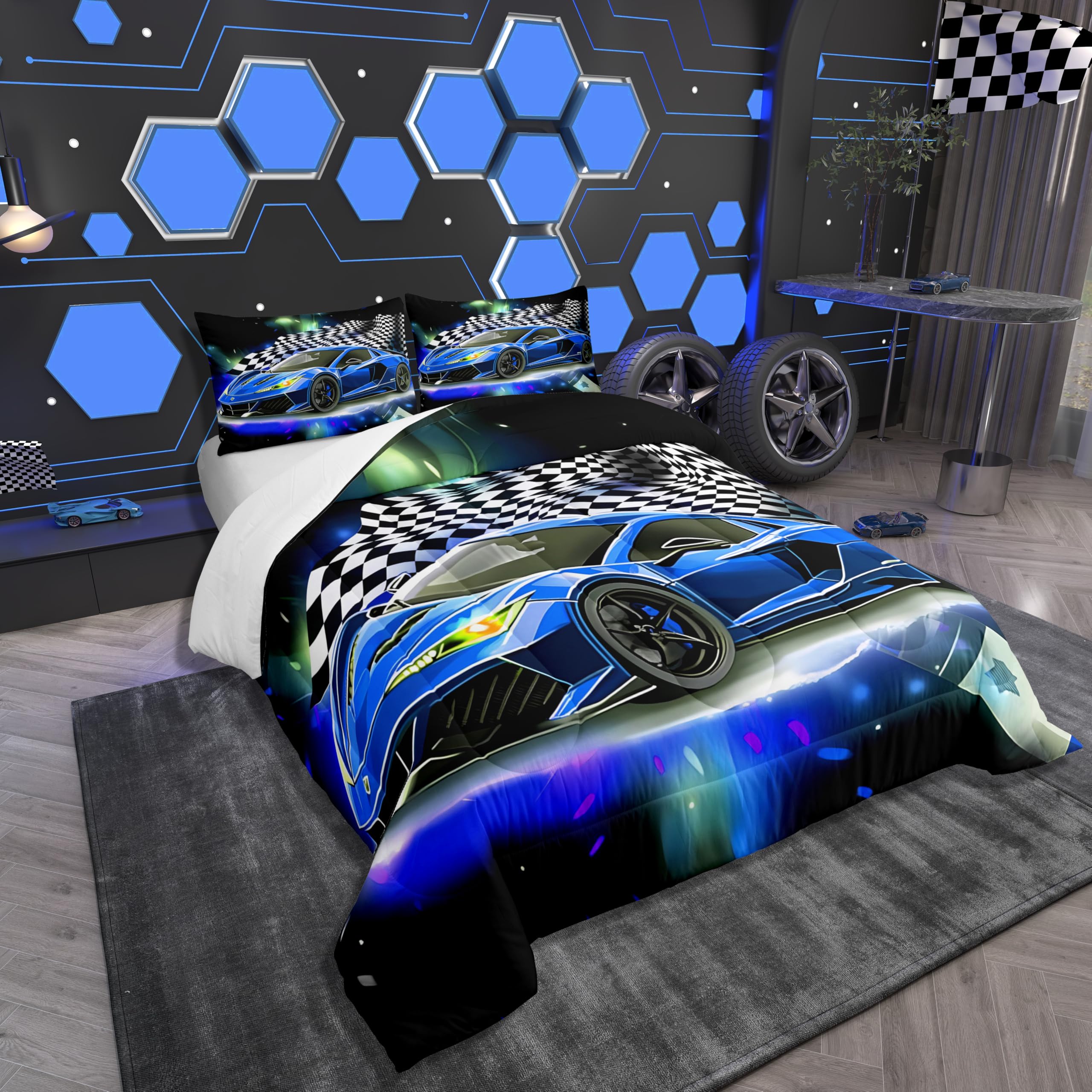 Feelyou Blue Racing Car Comforter Set Twin Size, Fast and Furious Extreme Sport Games Bedding Sets for Kids Boys Teens,Sports Car Bed in A Bag,Cool Modern Duvet Insert with 1 Pillowcase