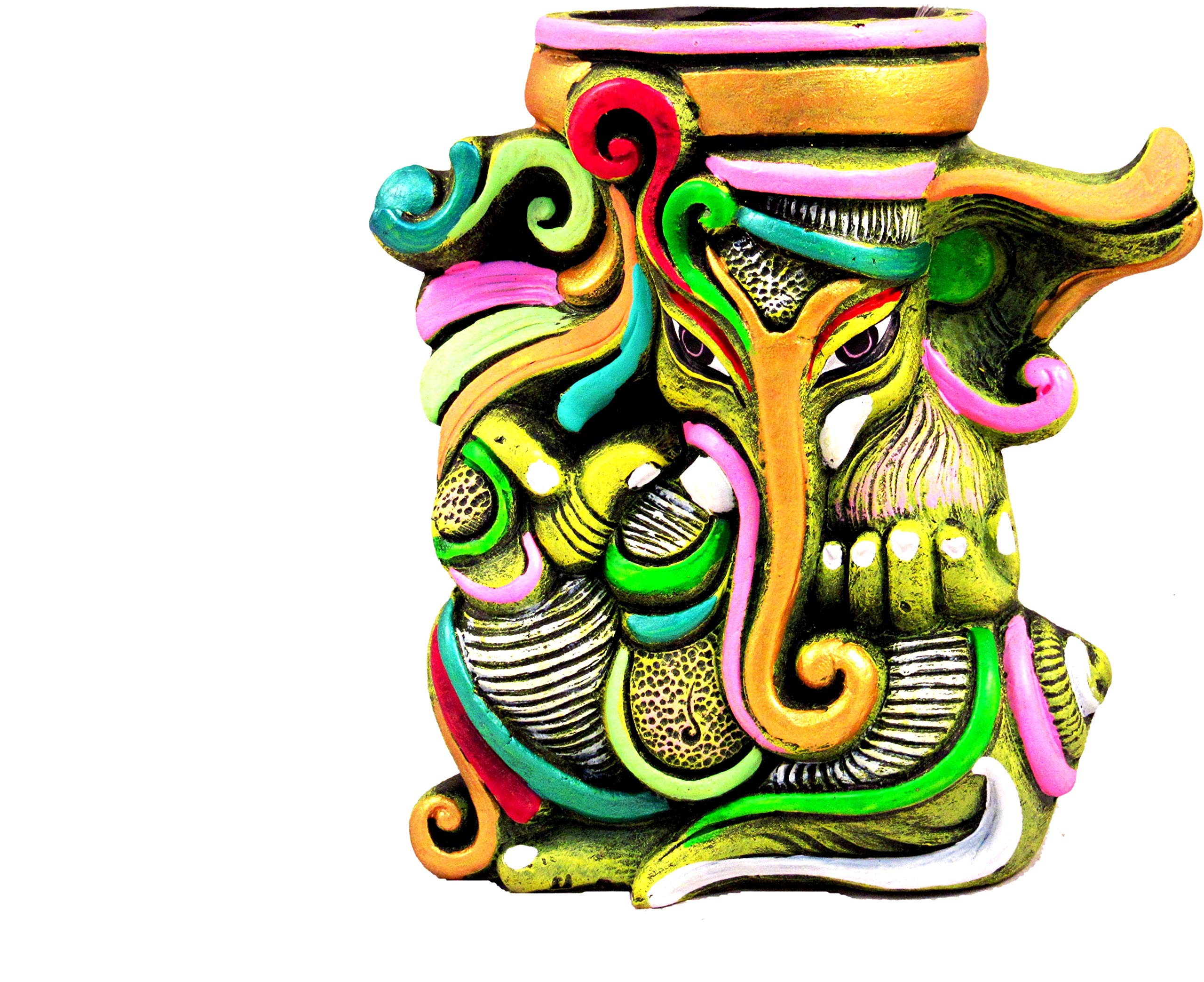 Suninow Handmade Earthenware Decorative Flower Pot with and Ganesha Idol (5.5 x 4 x 2.7 inch) (Green)