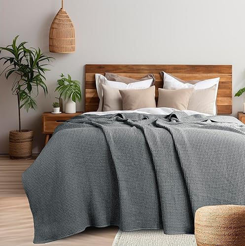 Miniatura 8 de AAVNI HOMES Manta 100% algodón, tamaño Queen, 90 x 90 pulgadas, color gris, manta de punto gofre, manta de primera calidad, ligera, transpirable