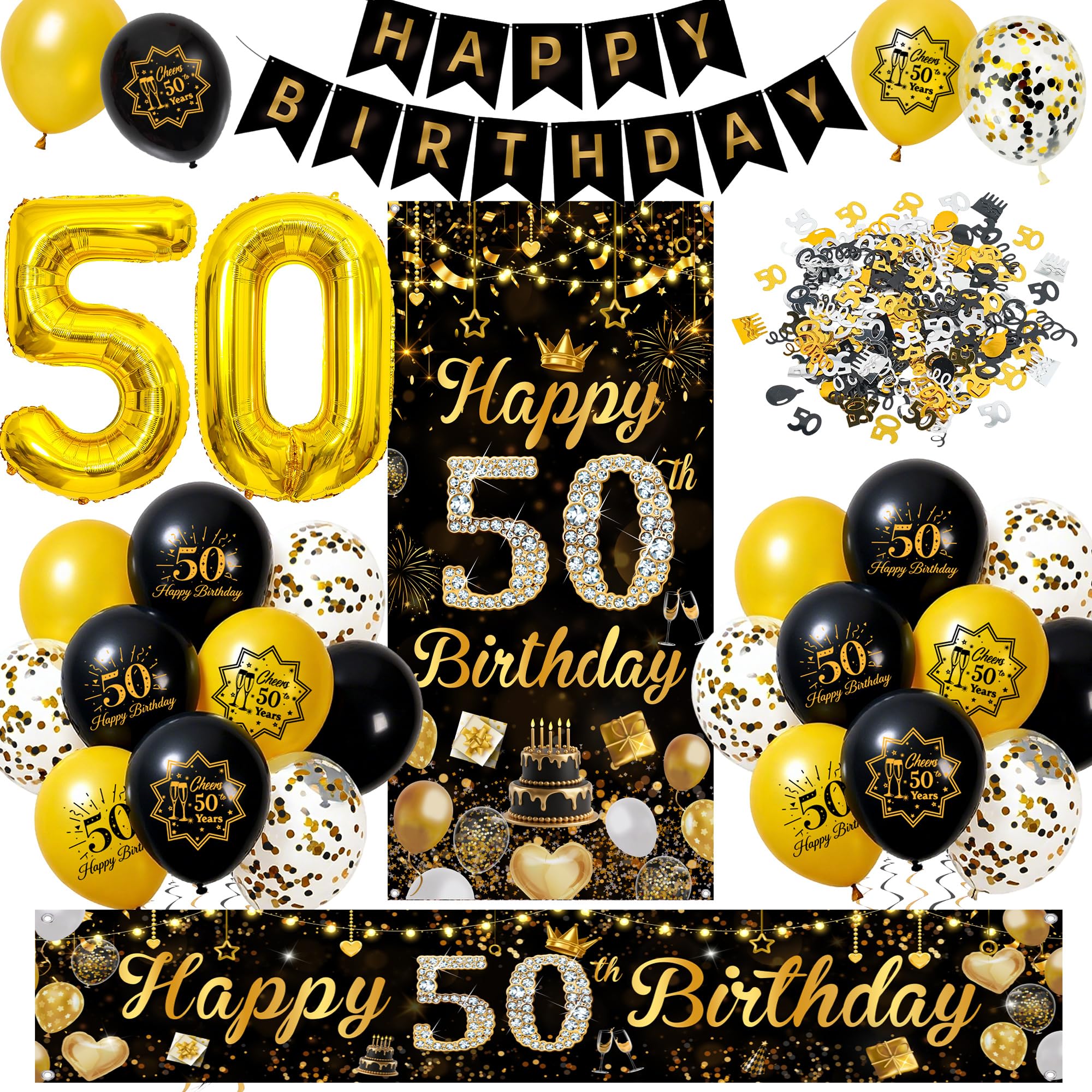 Happy 50th Birthday Decorations Set, Black Gold Party Balloons Decor Set