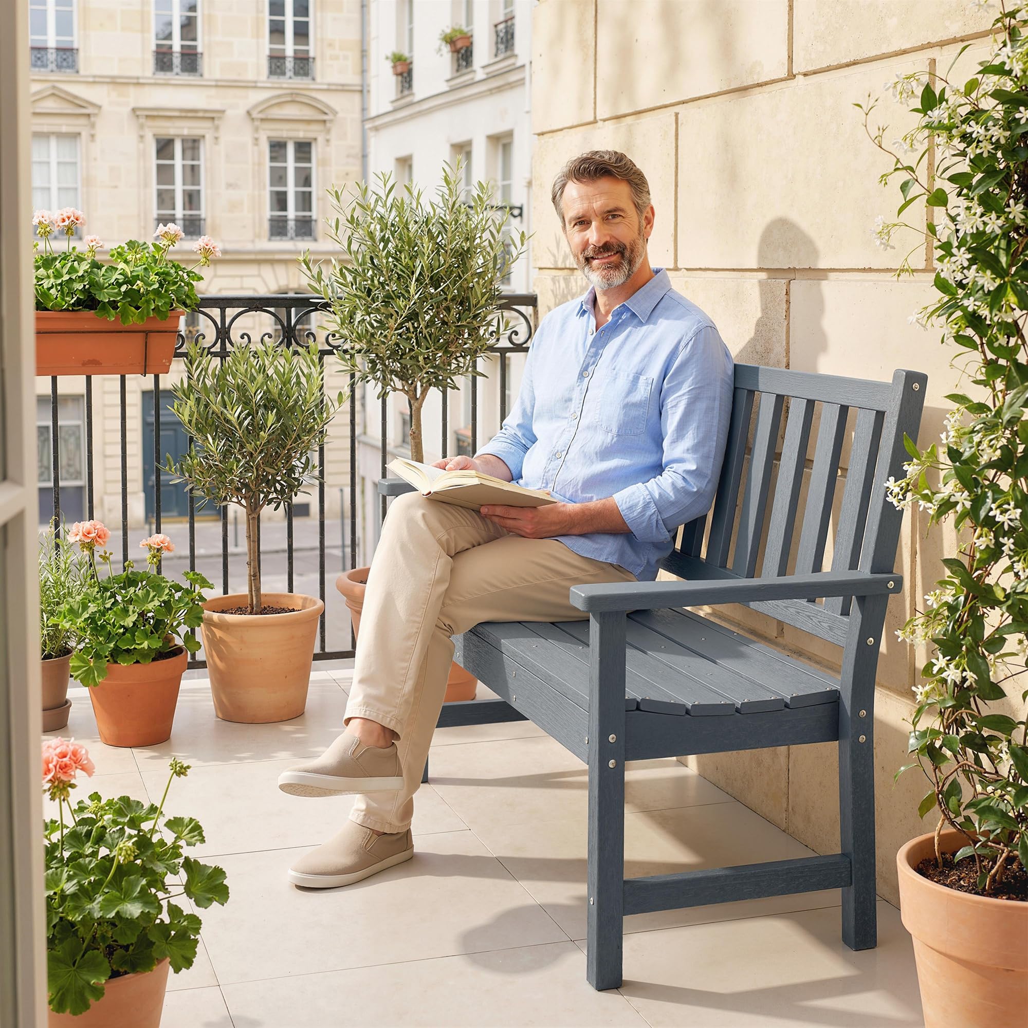 Outsunny Gartenbank 2-Sitzer wetterfest Kunststoff Outdoor Sitzbank mit Lamelldesign Holzoptik Rückenlehne Ergonomisch Balkonbank bis 240kg Parkbank Gartenmöbel für Garten Park 130 x 59 x 91cm Grau