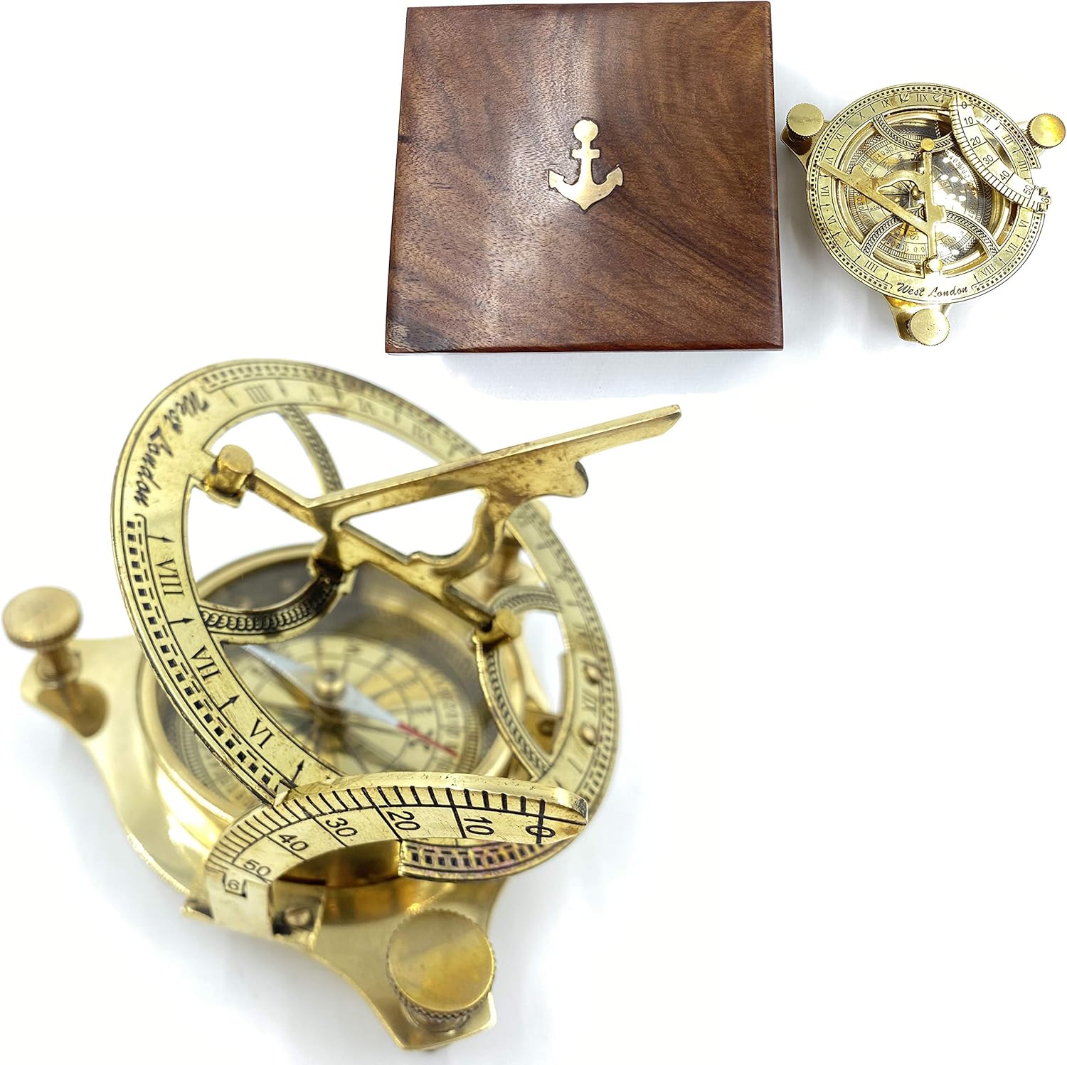 AnNafi® 5" Solid Brass Sundial Compass with Teak Wood Box | Nautical Device - Maritime Golden-Tone Vintage Look Replica Collectible with 3 Adjustable Legs | Calibrated Vintage Gift