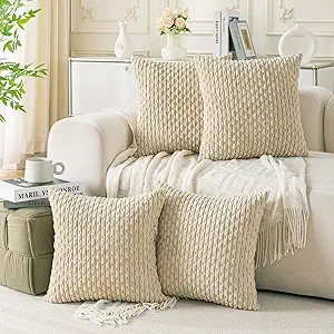Set of 4 Beige Decorative Throw Pillow Covers 22x22 Inch Corduroy Pillow Covers for Bed Couch Sofa Living Room Soft Square Cushion Cases