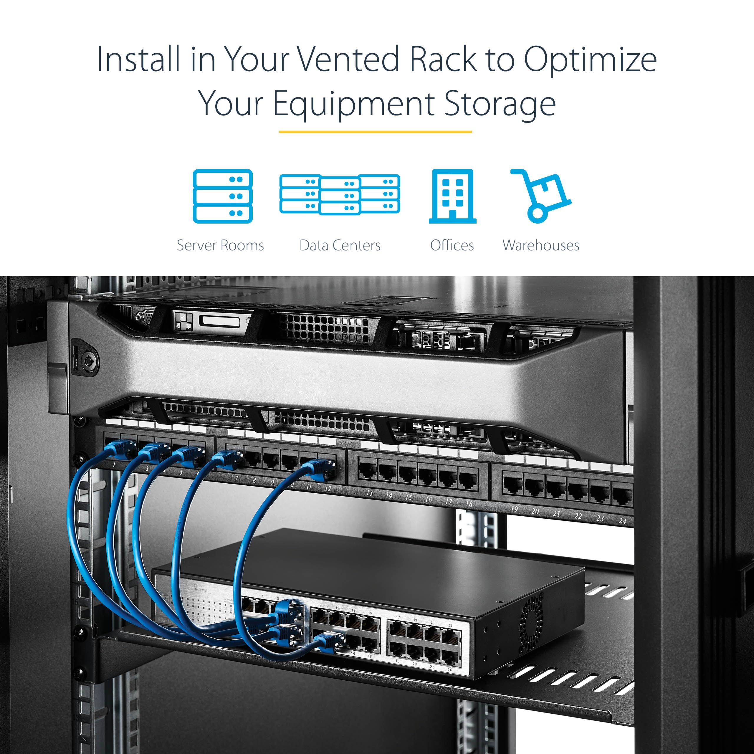 StarTech 2 Ripiani Rack 1U Ventilati 19", 20kg, 25cm (CABSHELFV1U-2PK) | Acciaio Resistente, Griglia di Ventilazione per Dissipazione del Calore, Compatibile con Armadi di Rete, Set da 2 Pezzi