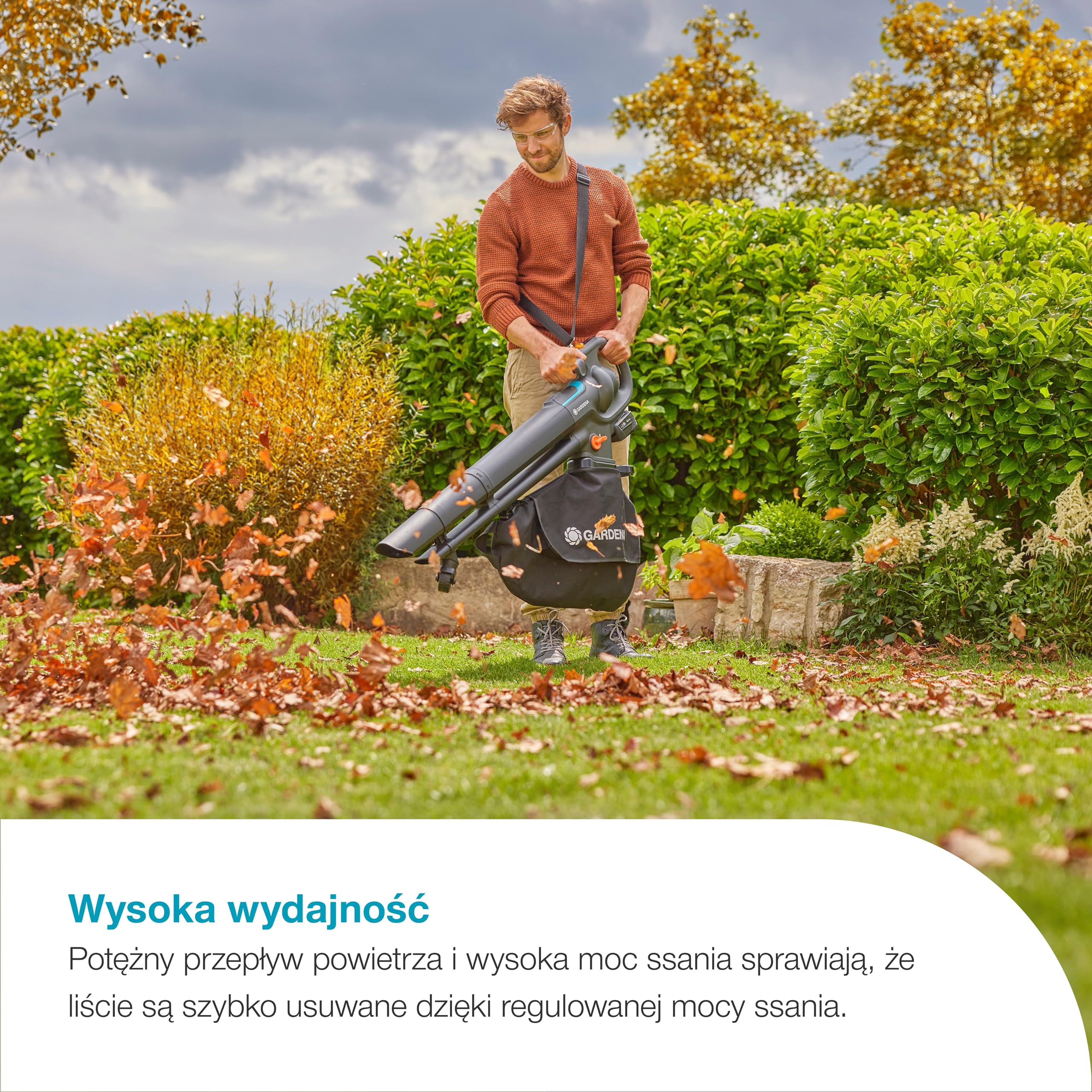 Gardena Akumulatorowa dmuchawa/odkurzacz 18V P4A – bez akumulatora: Silny przepływ powietrza, Szybka zmiana trybu, Regulacja prędkości, Worek, Brak przewodu (14895-55)