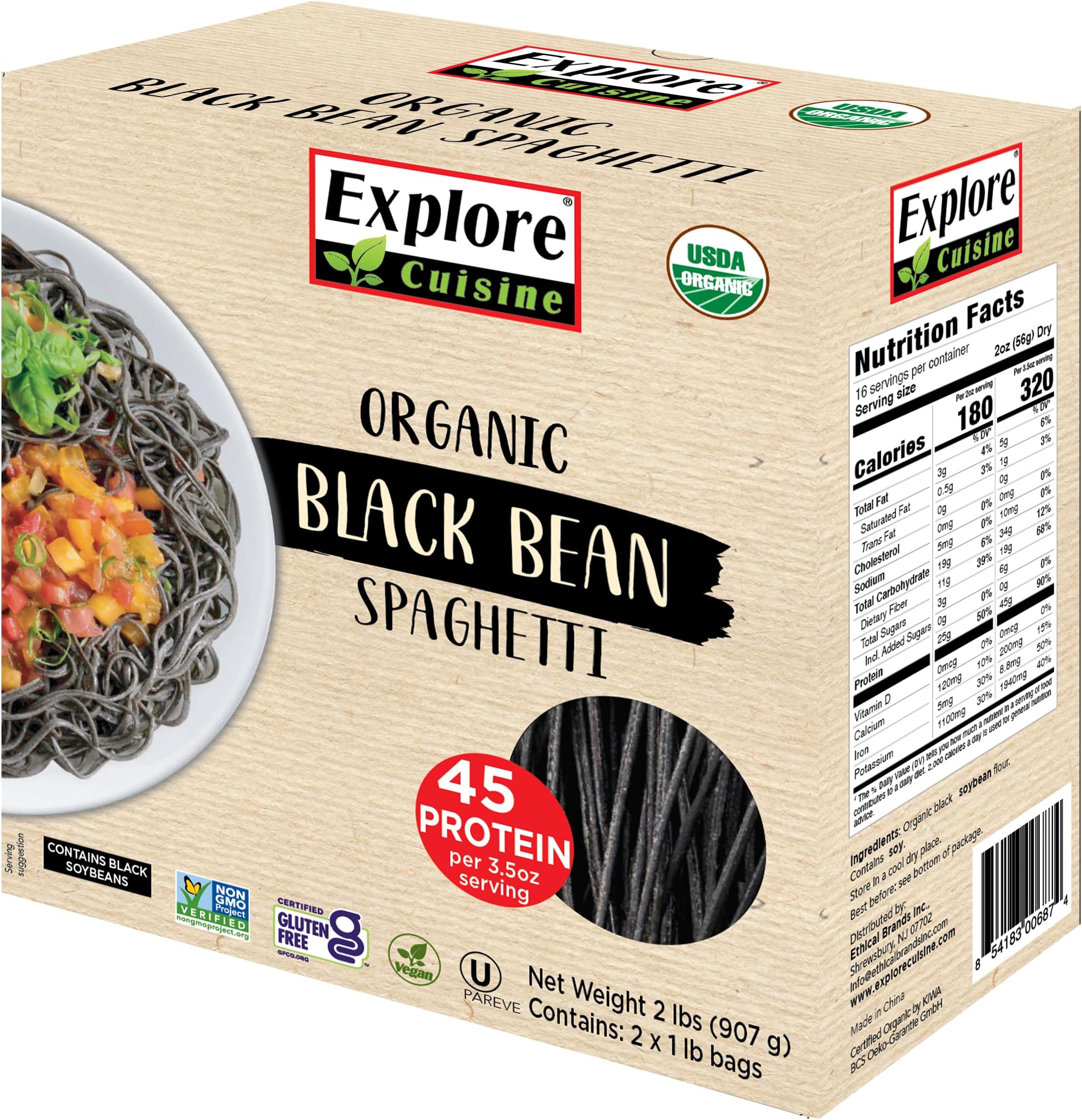 Explore Cuisine Organic Black Bean Spaghetti - 2 lbs - Easy-to-Make Pasta - High in Fiber & Plant-Based Protein - Non-GMO, Gluten Free, Vegan