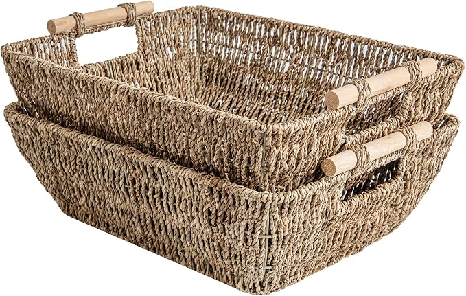 StorageWorks Small Wicker Baskets, Handwoven Baskets for Storage, Seagrass Rattan Baskets with Wooden Handles, 2-Pack