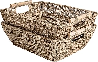 StorageWorks Hand-Woven Jumbo Storage Baskets with Wooden Handles, Seagr...