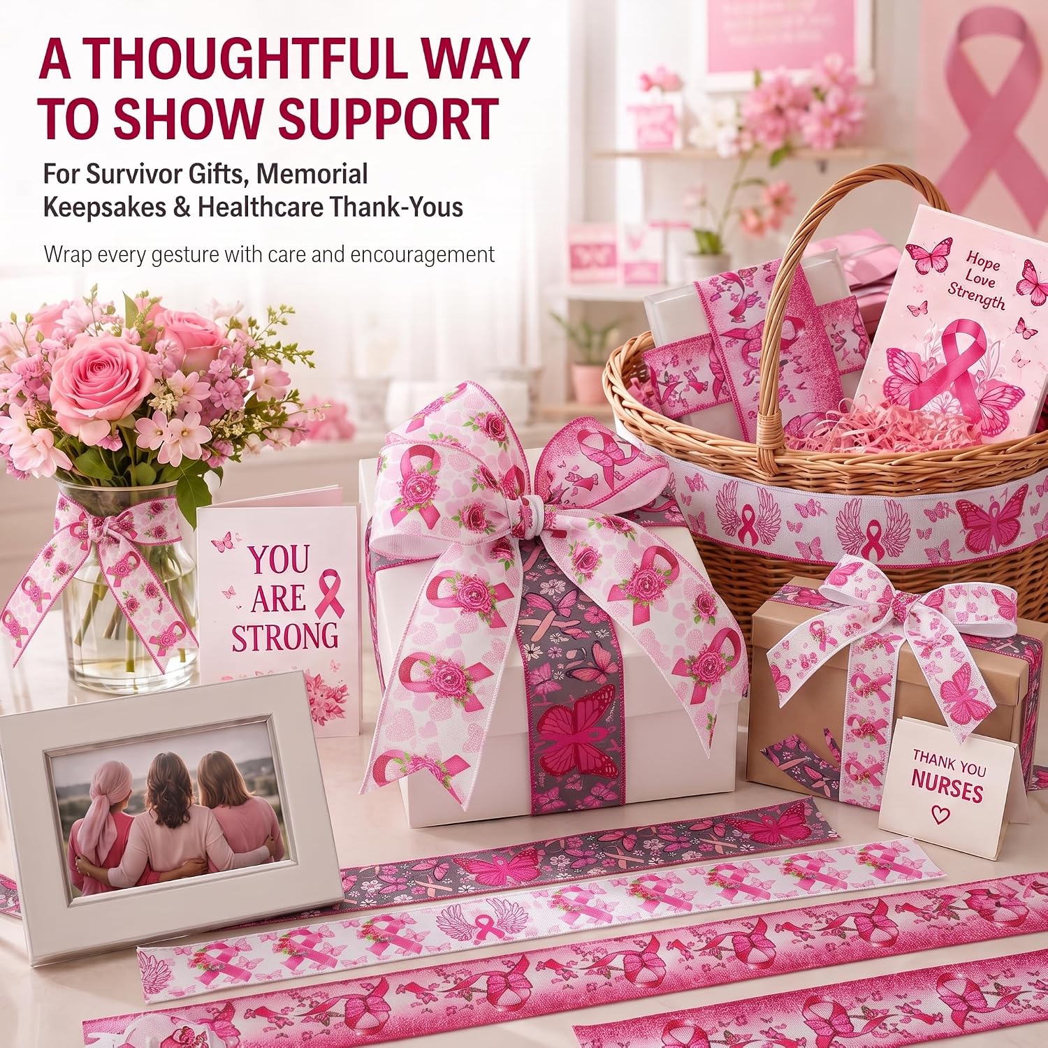 6 Rolls Breast Cancer Awareness Ribbons, 24 Yards 2.5 in Pink Bow Wired Edge Ribbons for Gift Wrapping Breast Cancer Awareness Party Decoration DIY Crafts