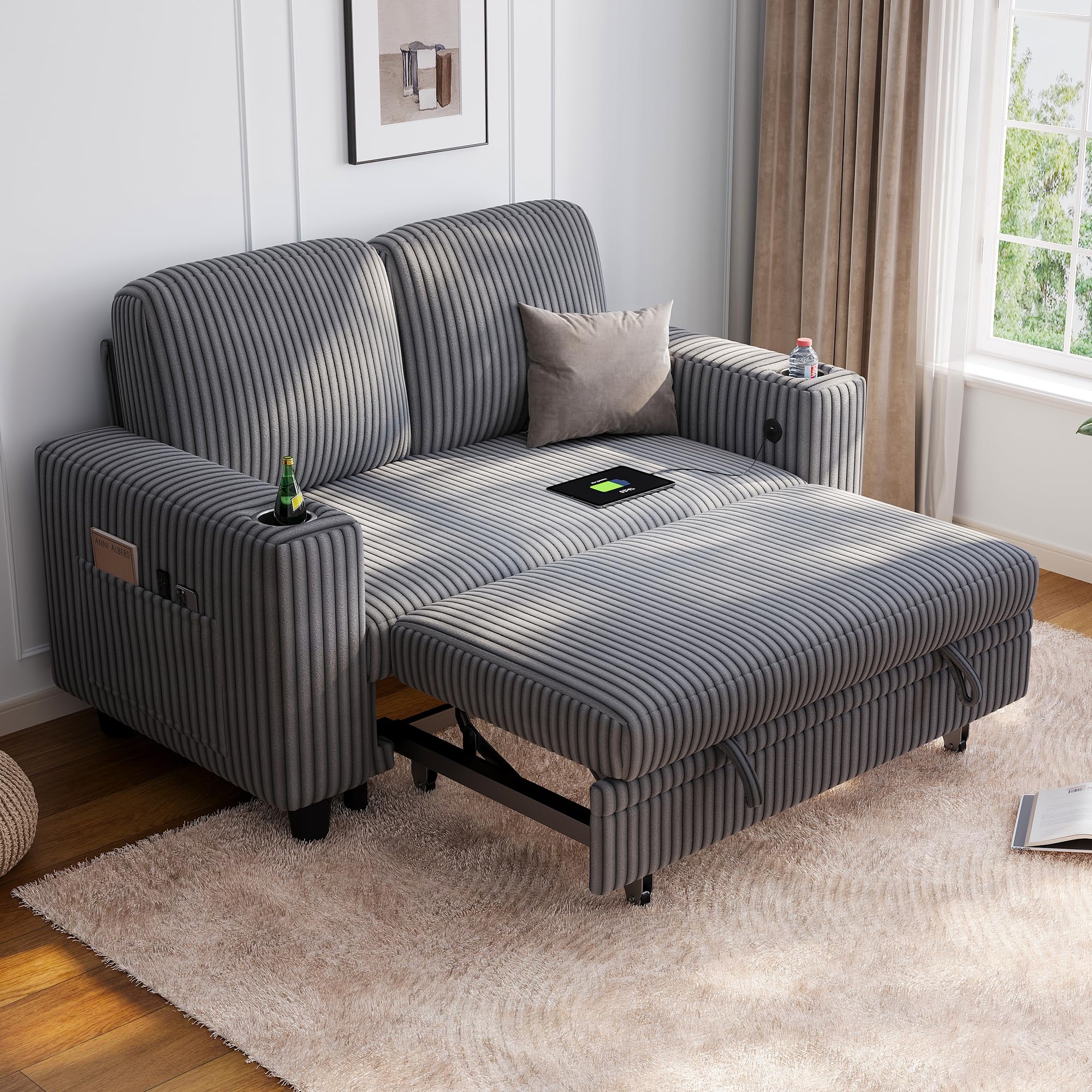 Photo 1 of ***PARTIAL SET***LINSY HOME Sectional Sleeper Sofa Pull Out Couches for Living Room (Grey, Pull Out Couch) | Pull Out Sofa Bed, Storage, USB Charging, Cup Holders, Plush Corduroy