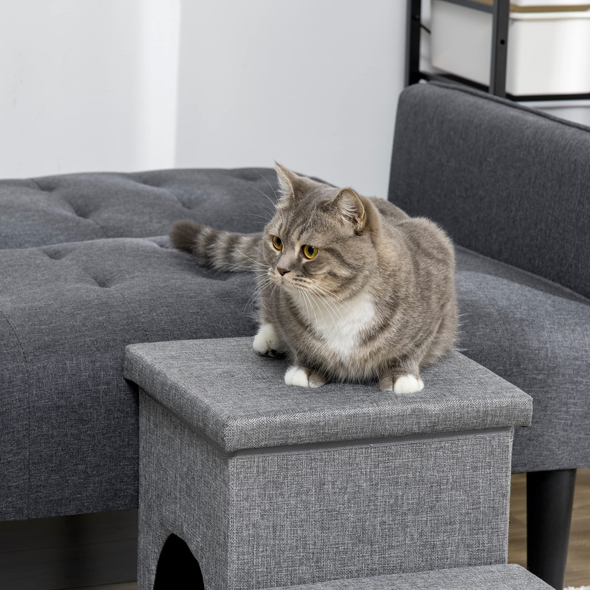 PawHut Scaletta per Cani e Gatti 10kg max a 3 Gradini con Casetta per Cani e Spazio Portaoggetti a Scomparsa, 73.5x33x40.5 cm, Grigio
