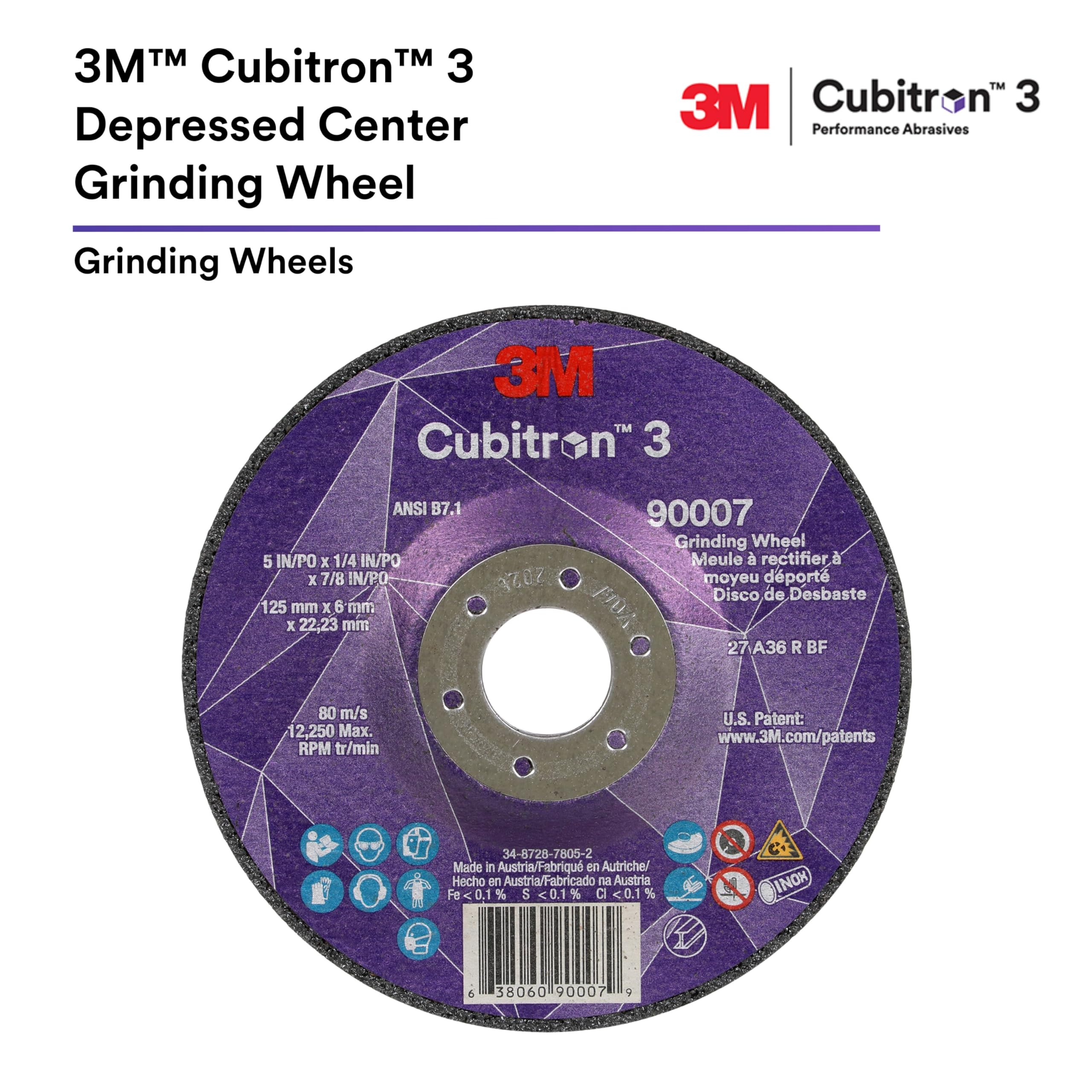 3M Cubitron 3 - Rueda de molienda central deprimida, 88989, 36+, T27, 4 x 1/4 x 5/8 pulgadas (100 x 6 x 15.88 mm), ANSI, grano en forma de precisión, biselado, molienda de soldadura, desbarbado