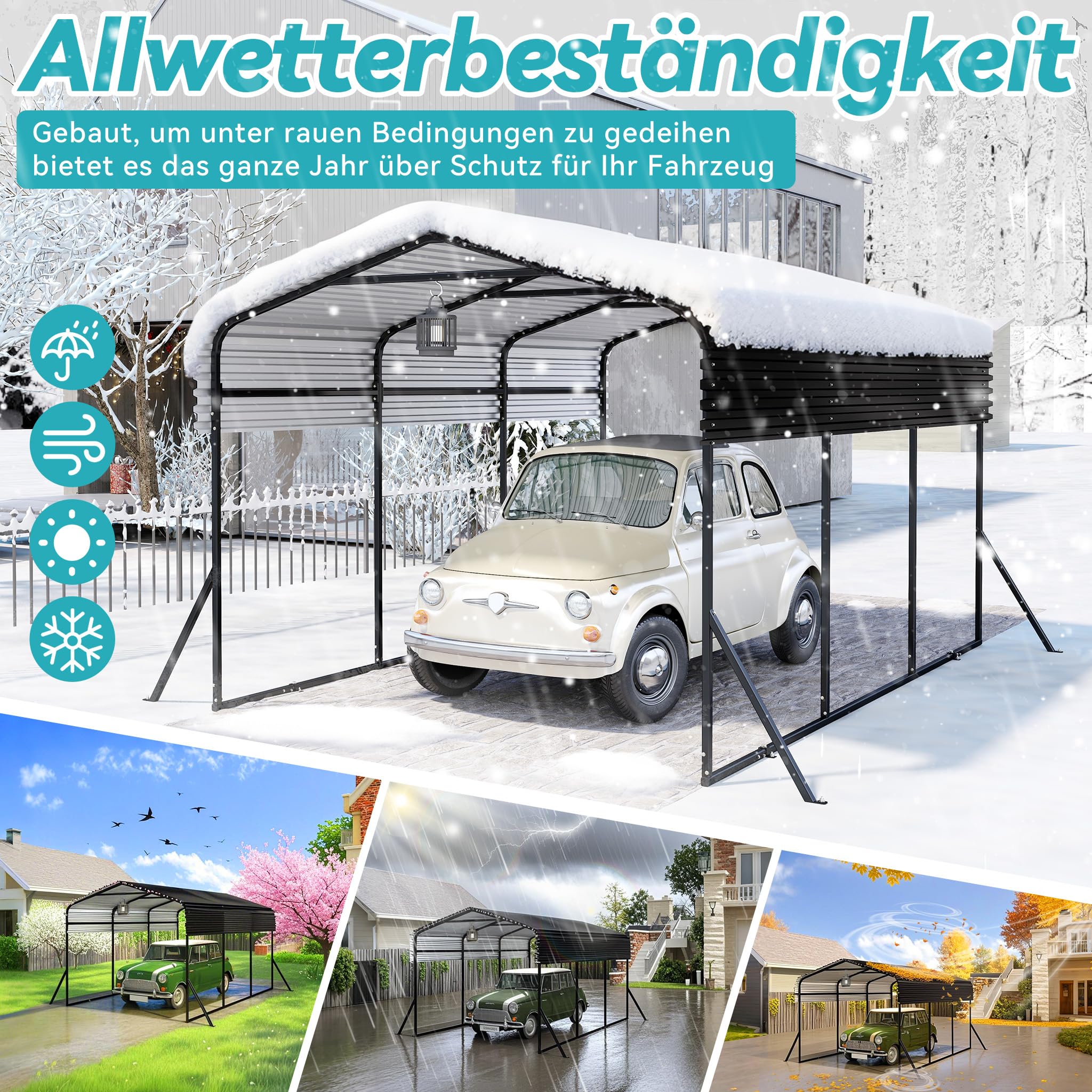 Carport 450×300×250 cm (10x15 FT), Robuste Zeltgarage Winterfest UV-beständig, Metall Auto-Unterstand Außengarage für PKW Boote Außenlagerung Schwarz