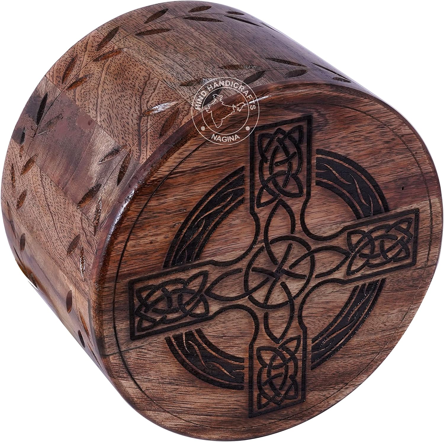 Round Wooden Engraved Urns for Human Ashes Adult - Wooden Box Rosewood Cremation Urns for Ashes - Burial Urns - Funeral Urns Large (8" x 8" x 6" - 250 lb or 113 kg, Celtic Cross -1)