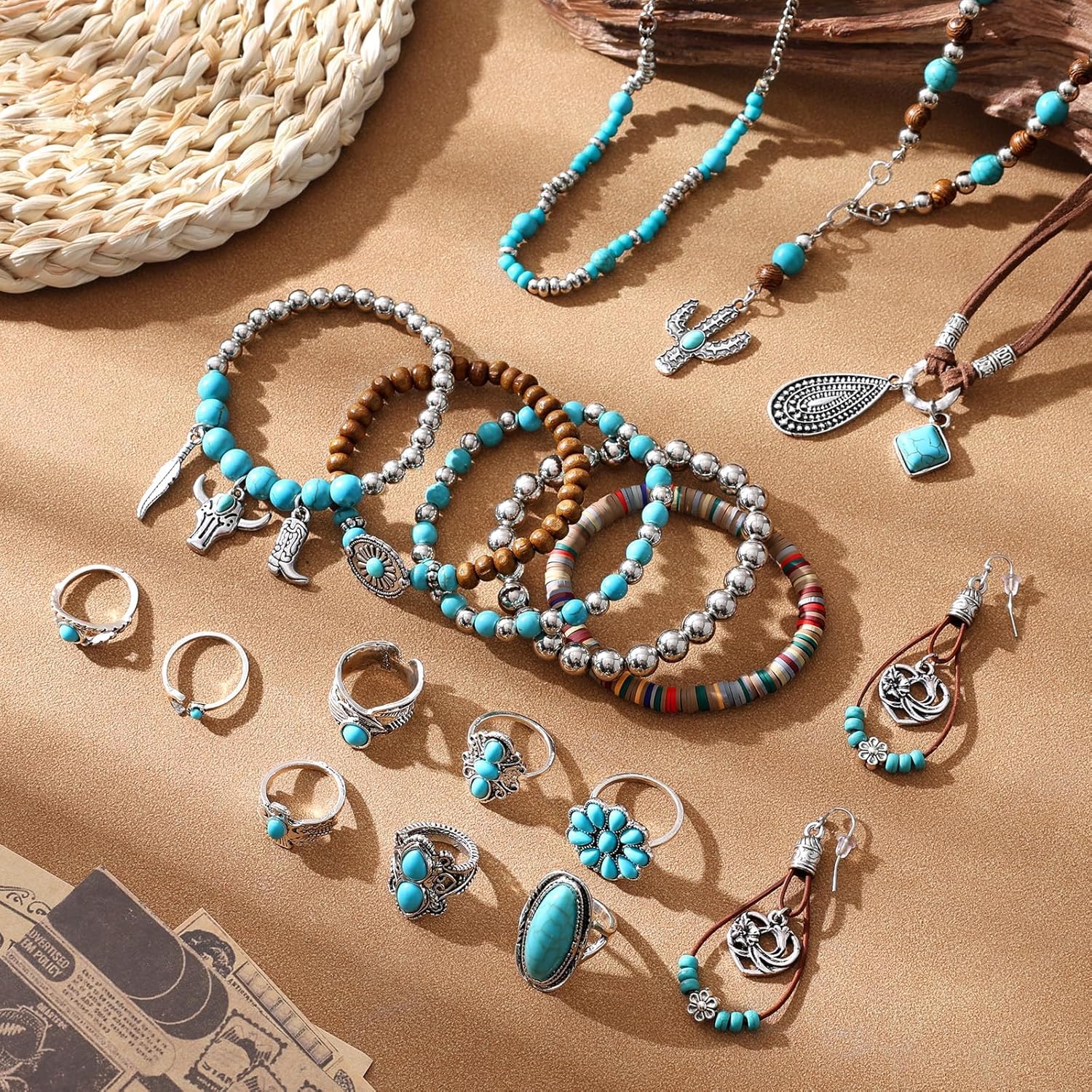 SANSTHS Bohemian Western Jewelry Set Turquoise Necklace Earrings Bracelets Rings Western Accessories for Women Cowgirl Gifts - Image 7