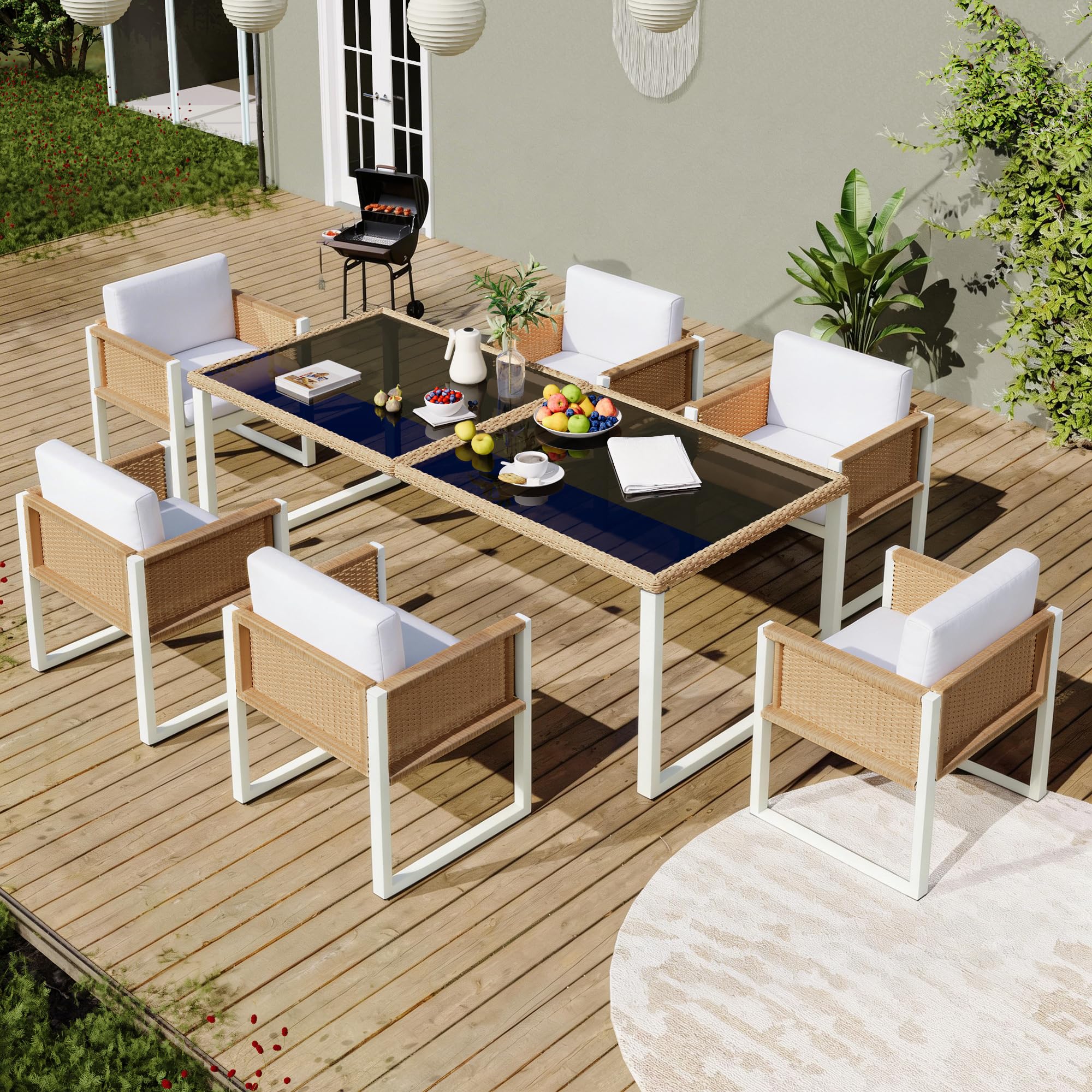 Gartenmöbel Sitzgruppe aus Rattan für 6 Personen, Marrón + Blanco