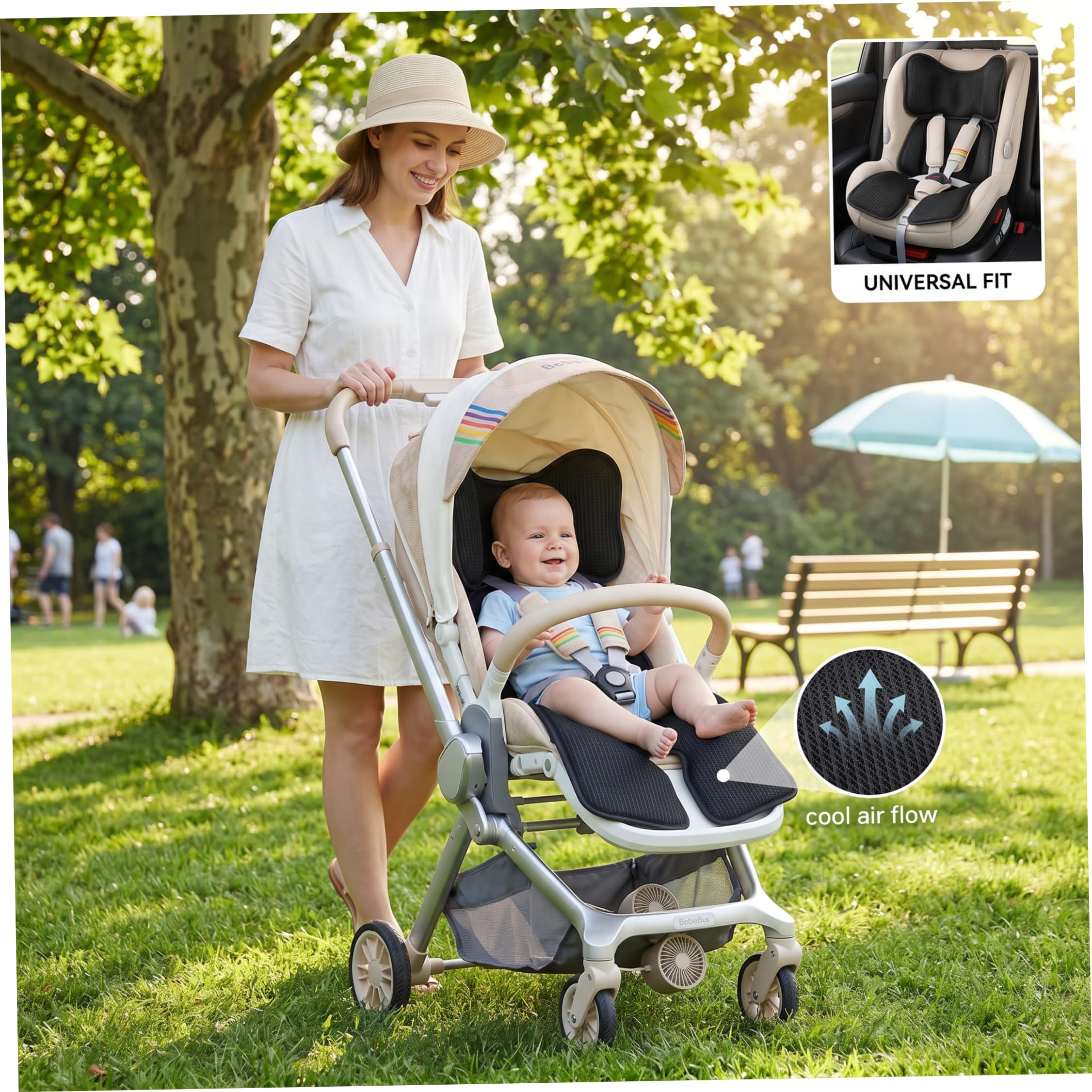Tappetino di raffreddamento per passeggino, 32 × 15 pollici Tappetino di raffreddamento per bambini 3 velocità e 4 ventilatore incorporato Cuscino di ventilazione alimentato tramite USB Elementi