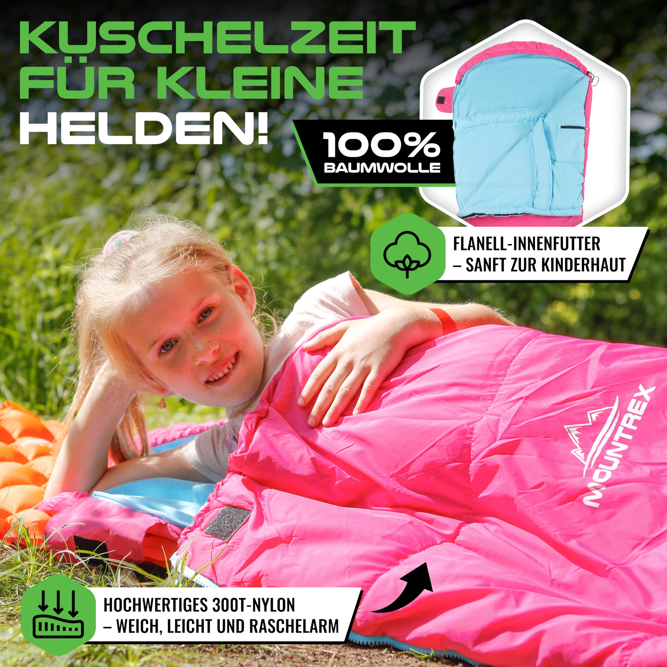 MOUNTREX® Śpiwór dziecięcy – przenośny jak plecak – śpiwór dla dzieci (175 x 70 x 45 cm) – do użytku na zewnątrz, w podróży, pod namiotem, na kemping – lekki i kompaktowy – 100% bawełna wyściółka