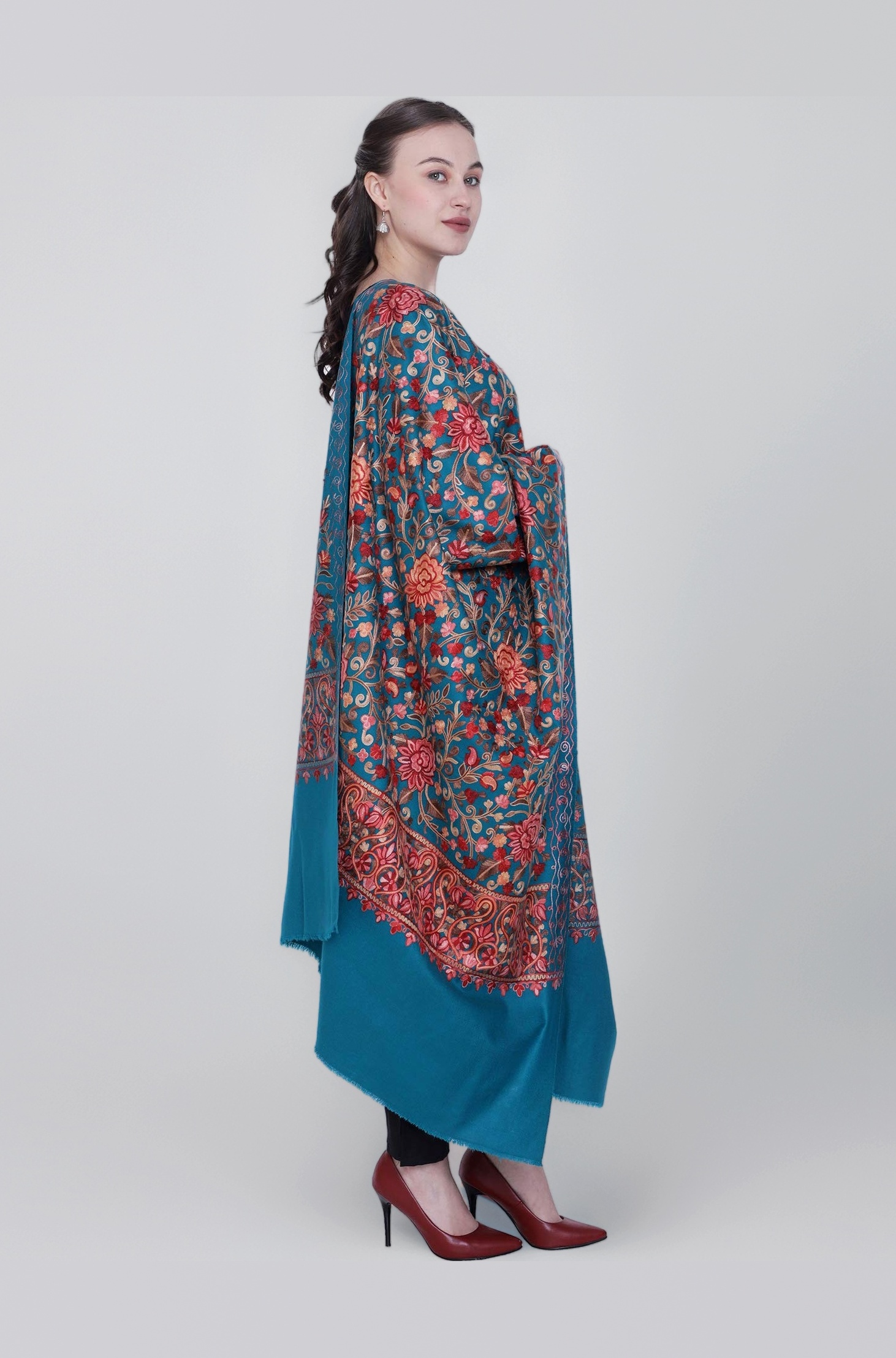 SWI WITH LABEL Women's Kashmiri Wool Blended Shawl Embroidered by Kashmiri Artisans, (Large Size - 40 x 80 Inches)