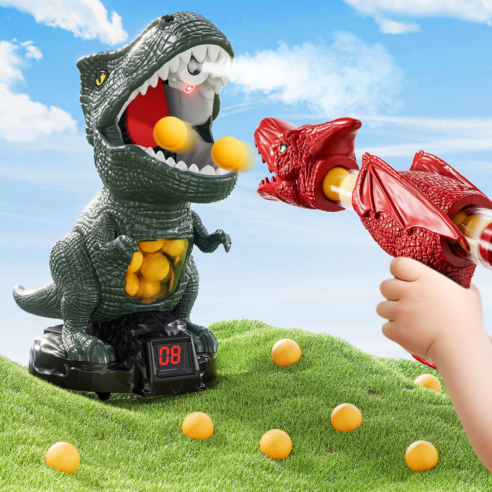 JUKUDAHU Dinosaur Shooting Boy Toys for Kids Age 3 4 5 6 7 8 - Moveable Shooting Game with Scoreboard, Light & Sound, 12 Foam Balls, Boy Toddler Toys