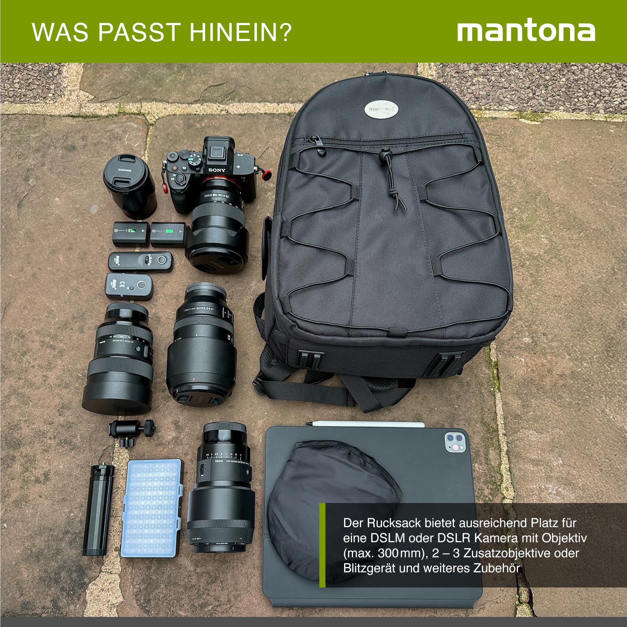 Mantona Azurit Sac à Dos Photo Noir pour Appareil DSLR/DSLM Capacité 5 Objectifs & Divers Accessoires avec Fixation pour trépied Pieds stabilisateurs Poignée renforcée Bretelles Transport Confort