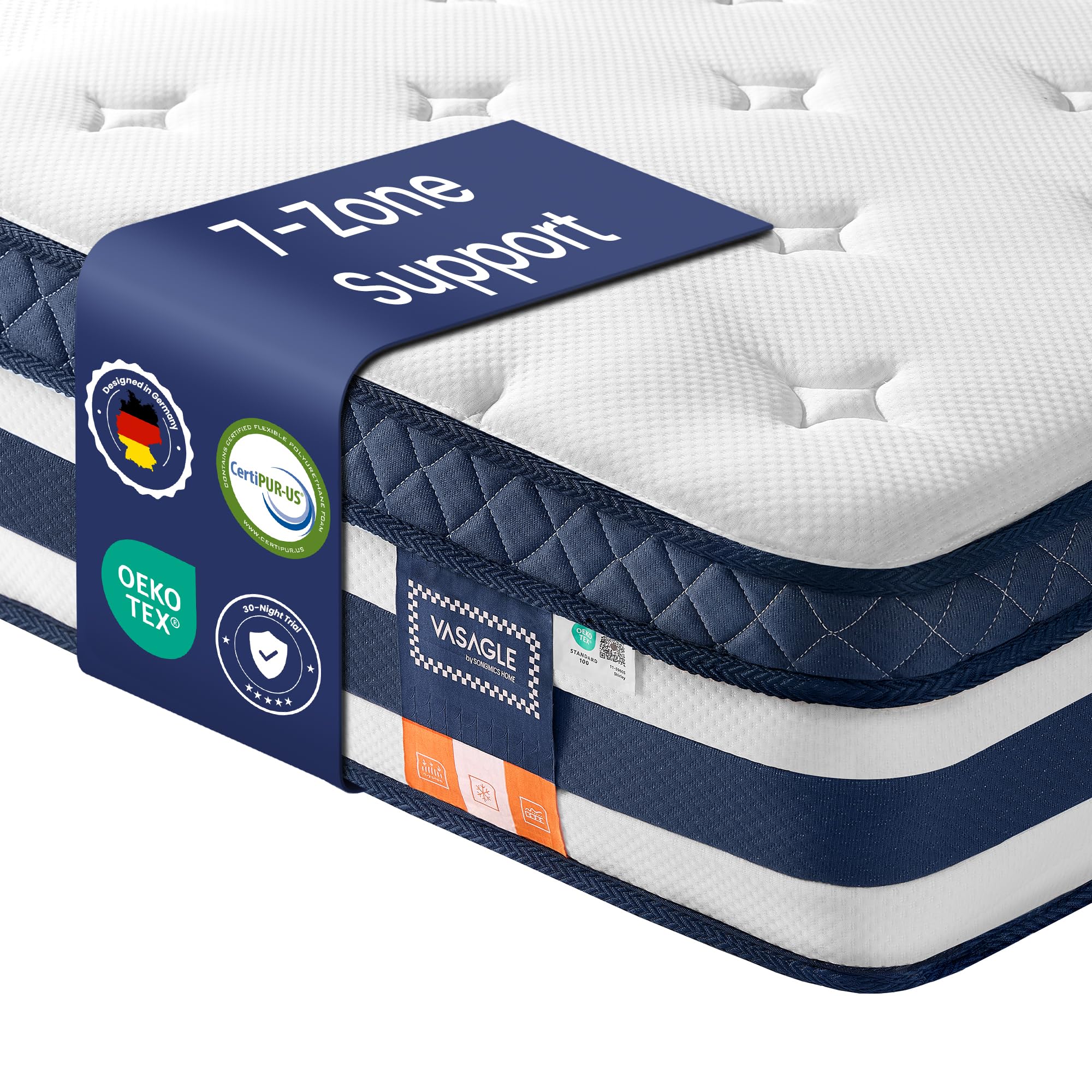 VASAGLE Pocket Sprung Mattress, Cooling Gel Memory Foam, 7-Zone Pressure Relief, H3 Medium Firm, 190 x 135 x 25 cm, Blue, Motion Isolation Bed in a Box, Mosey Collection RMZ236Q102
