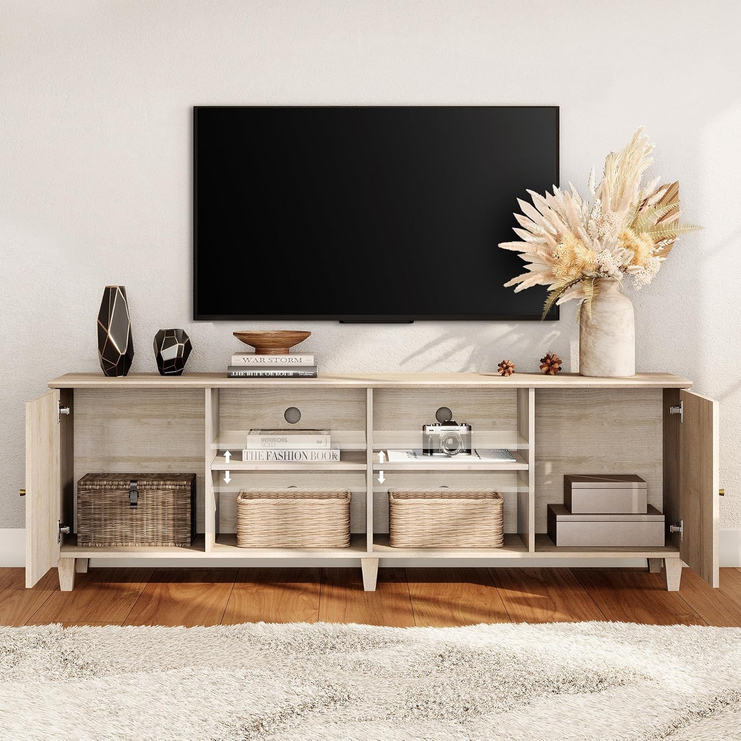 WAMPAT 3-in-1 TV Stand w/Doors&Charging Station, 105" Modern Wood Entertainment Center Media Console for 110+ inch TVs, TV Cabinet w/Shelves&4 Drawers for Living Room, Bedroom, Light Oak