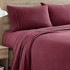 Flannel Sheets Warm and Cozy Deep Pocket Breathable All Season Bedding Set with Fitted, Flat and Pillowcases, Full, Burgundy Red