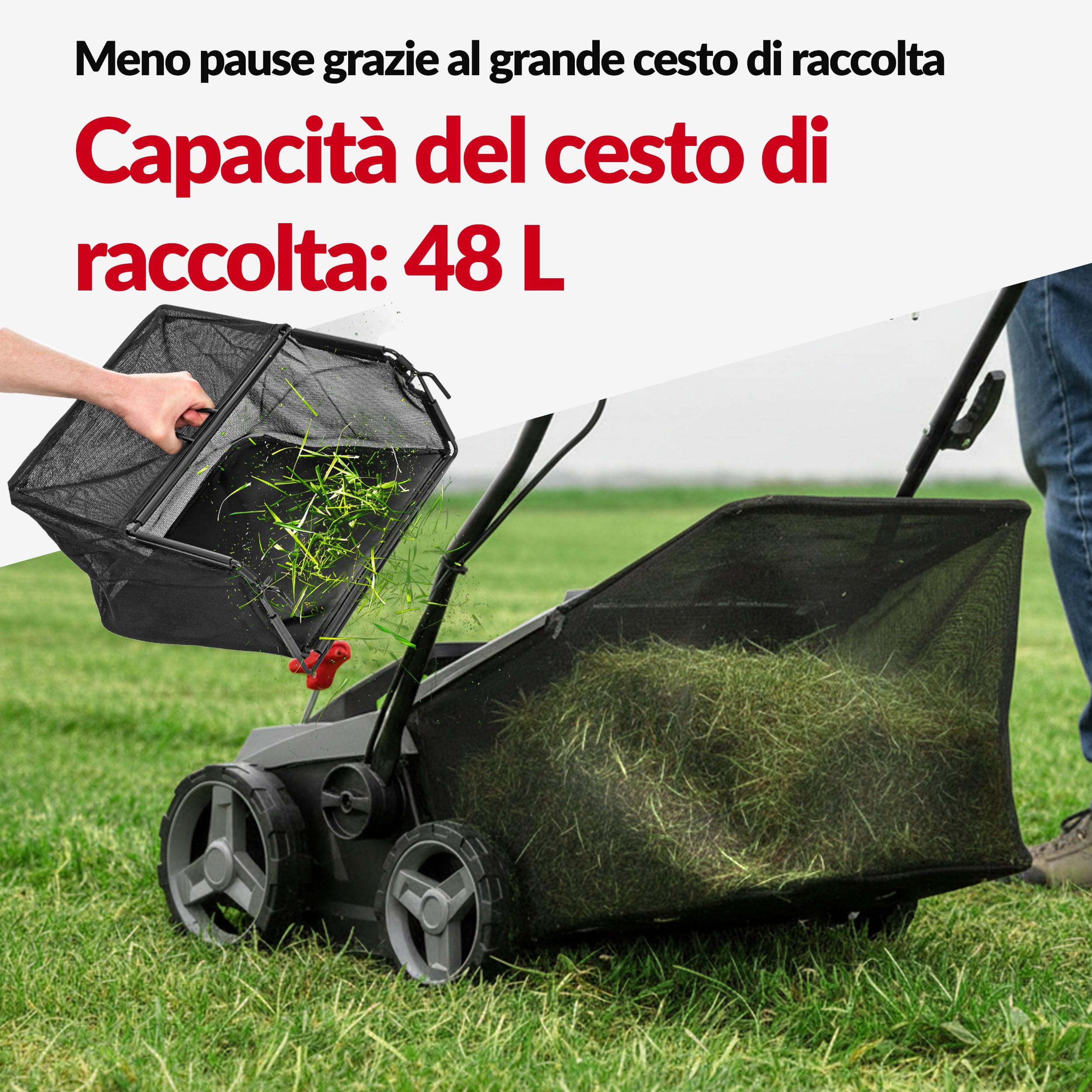LEHMANN Teasel Scarificatore Arieggiatore Elettrico 2-in-1, 1800 W, Larghezza Lavoro 38 cm, 5 Livelli, 3500 giri/min, Cesto 48 L, Grigio